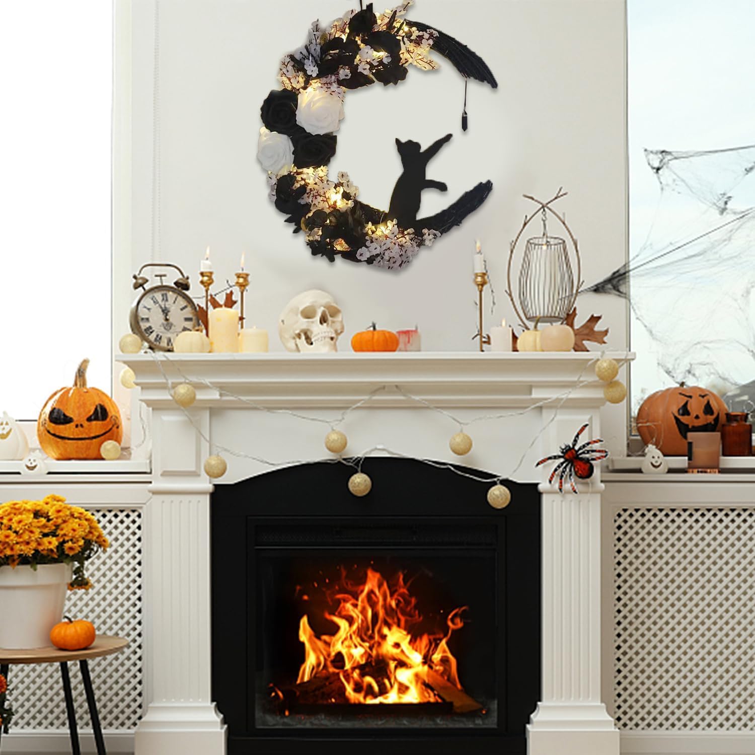 Moon cat motif wreath ready for front door decor