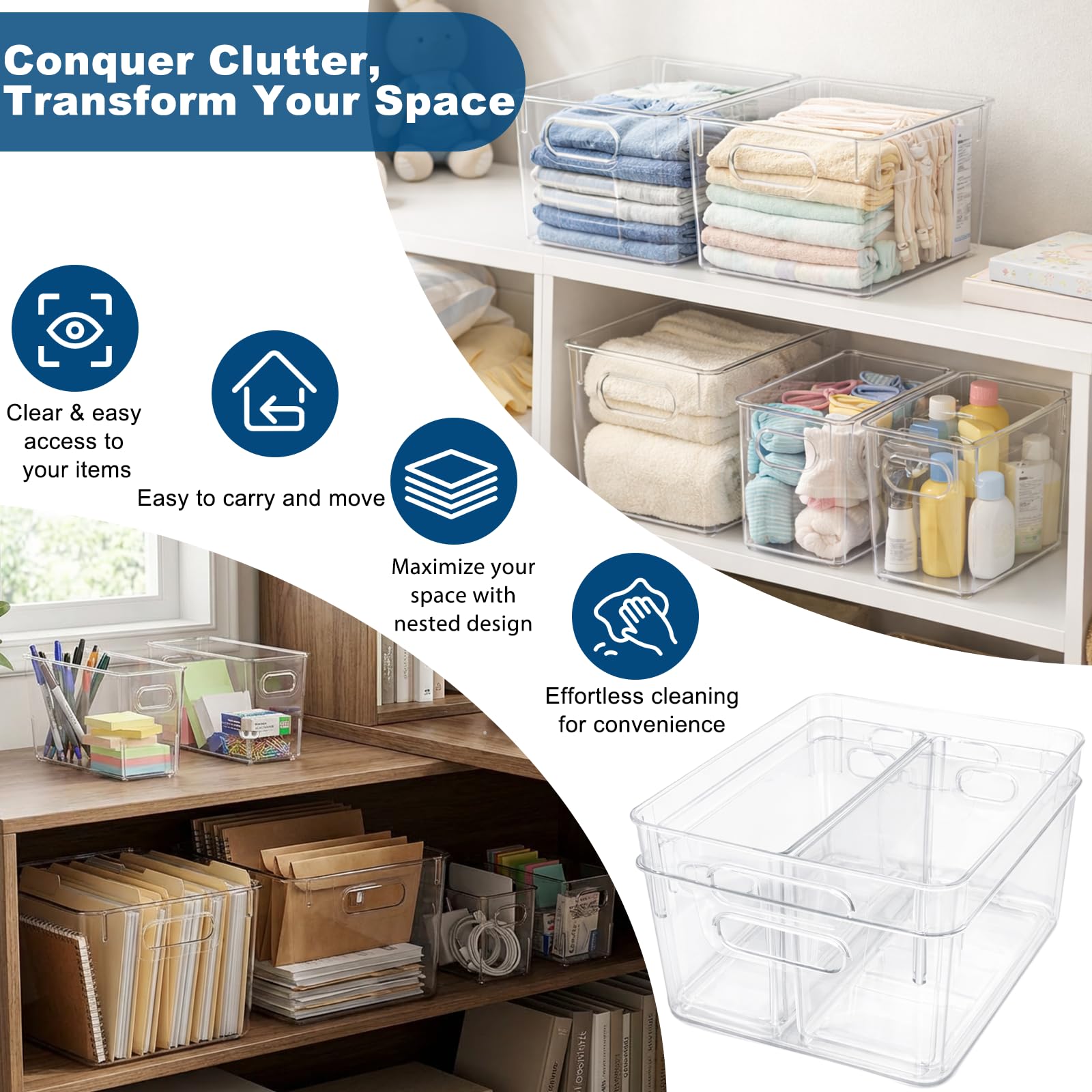 Clear MOONEDGE bins for pantry fridge bathroom organization