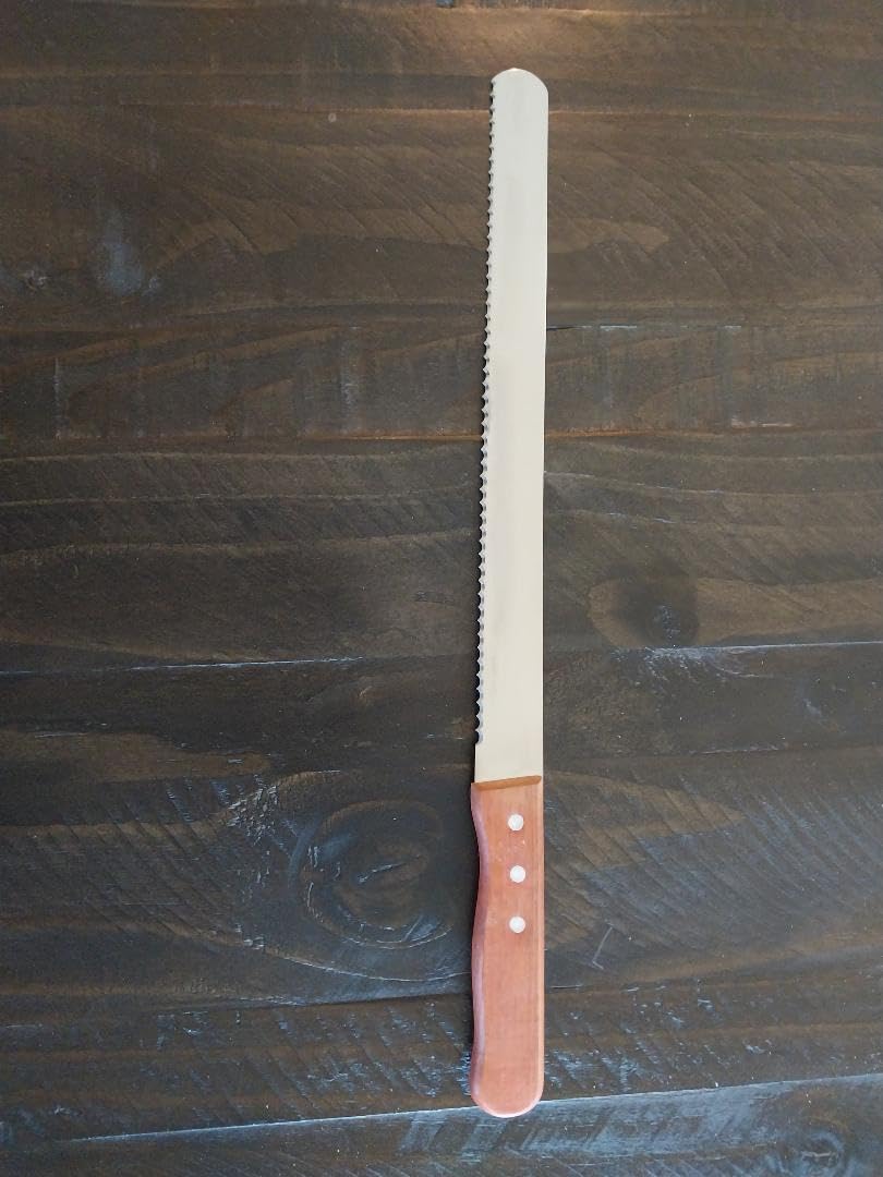 More EStore 12 Inch Bread Knife blade and wooden handle close up