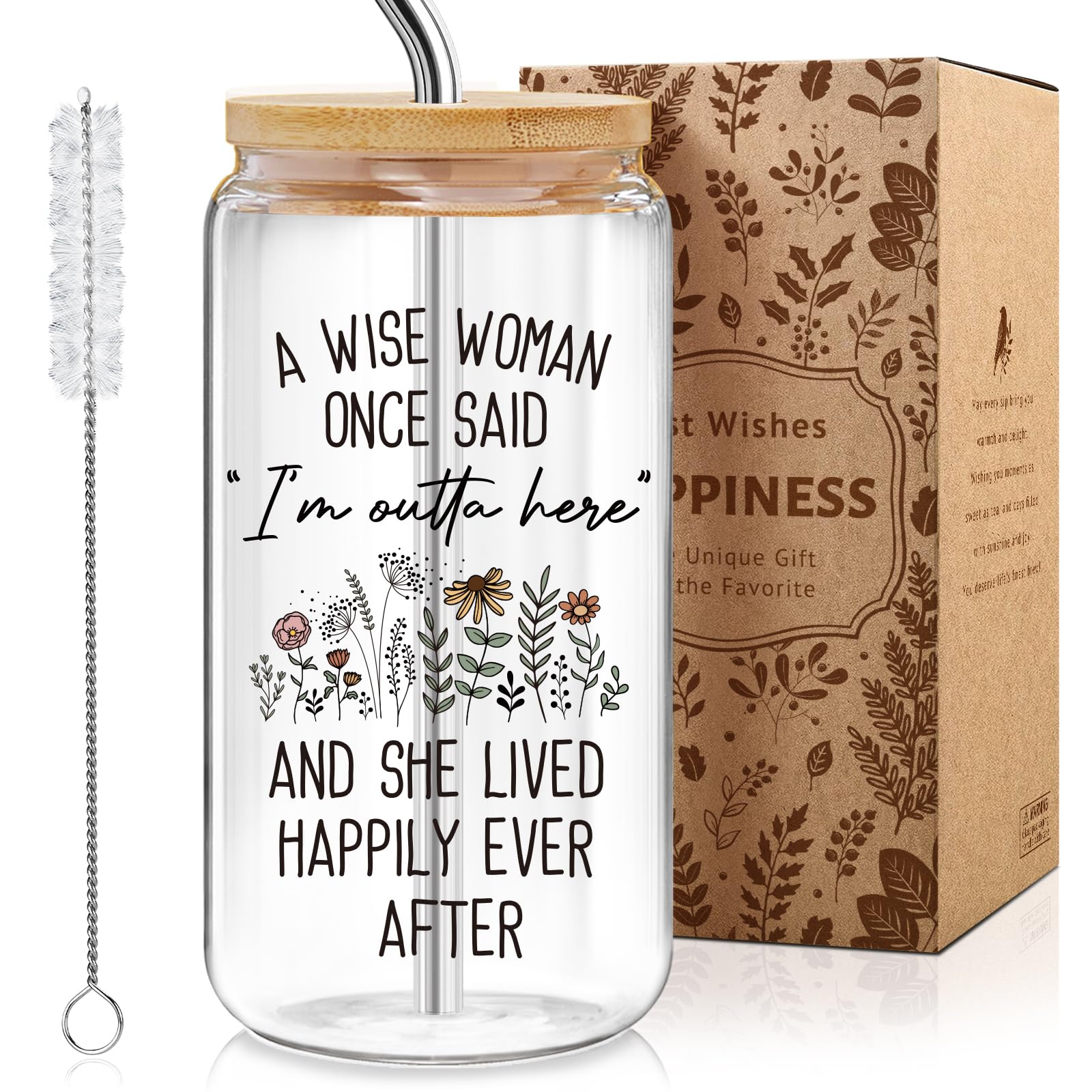 MOREYUYEE retirement glass cup 16oz tumbler with bamboo lid and stainless steel straw