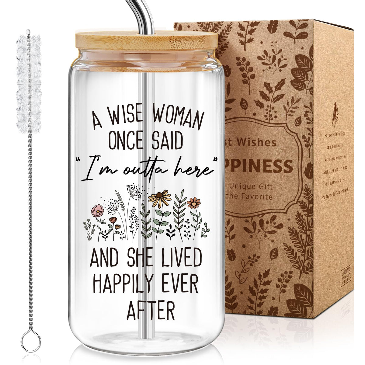 MOREYUYEE retirement glass cup 16oz tumbler with bamboo lid and stainless steel straw