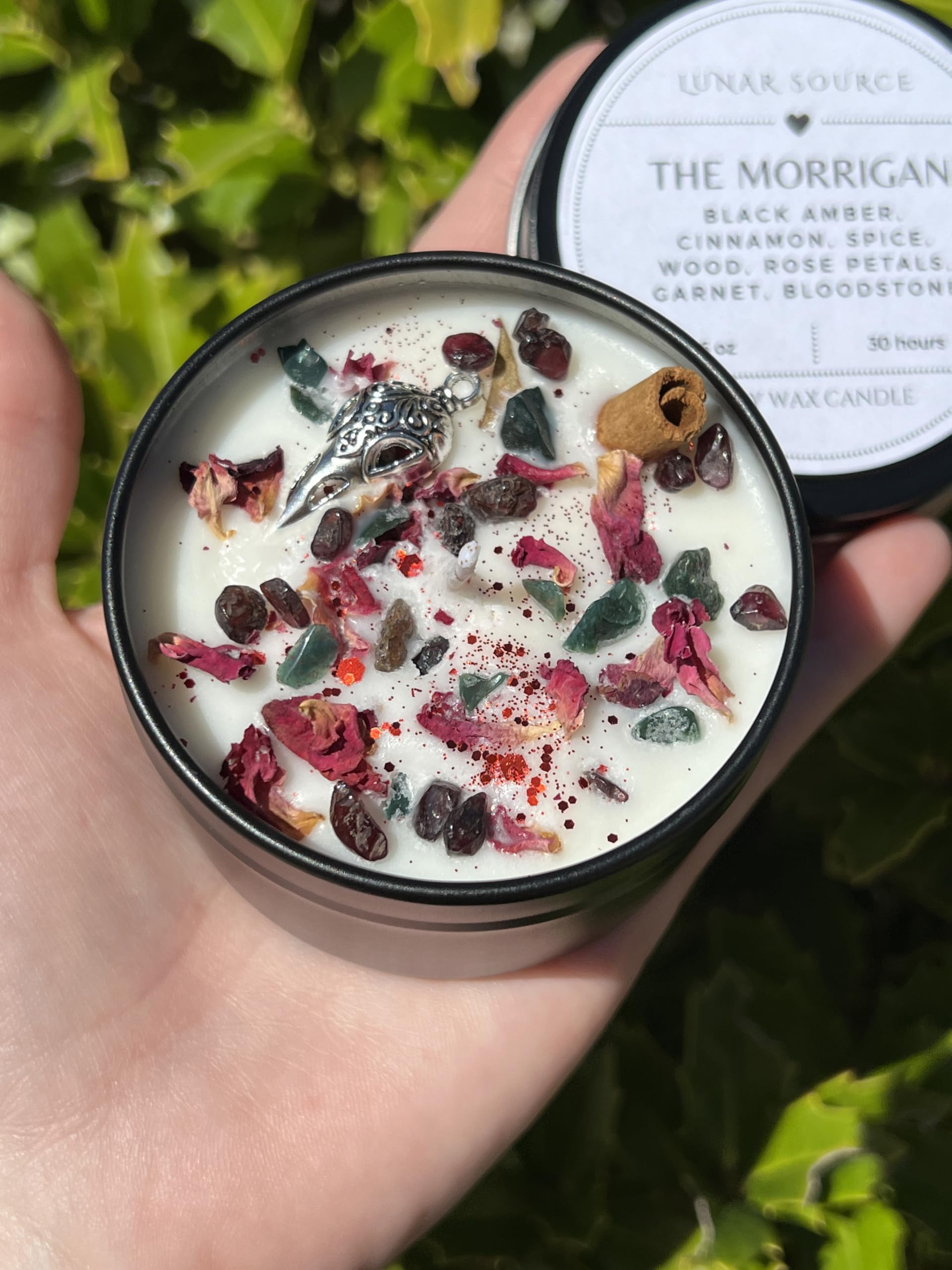 Garnet and Obsidian crystals with raven skull charm on candle