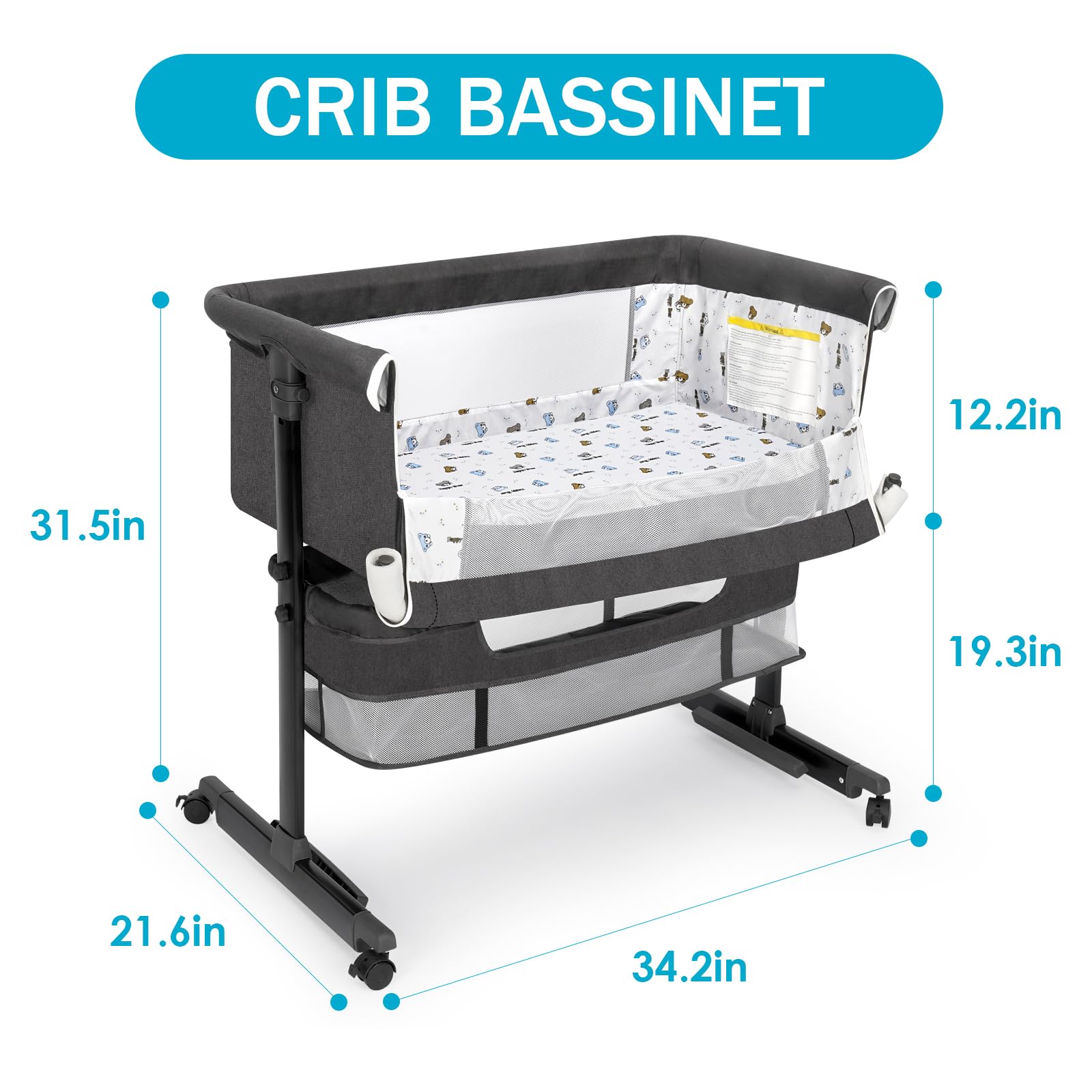 Height adjustable bassinet connected to adult bed