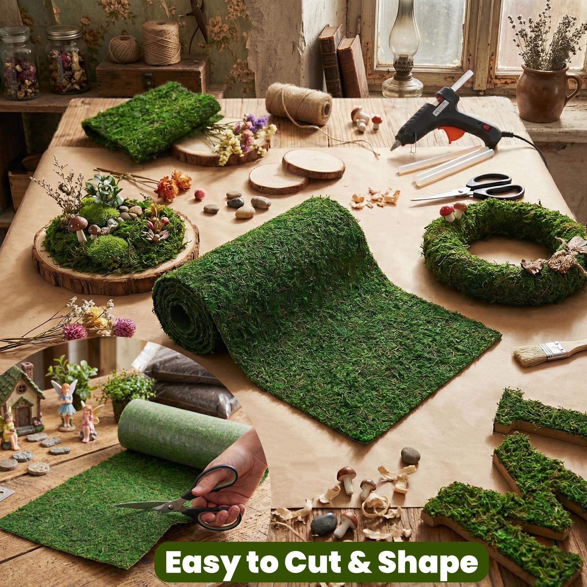 Moss table runner drapes over table edge for grass look