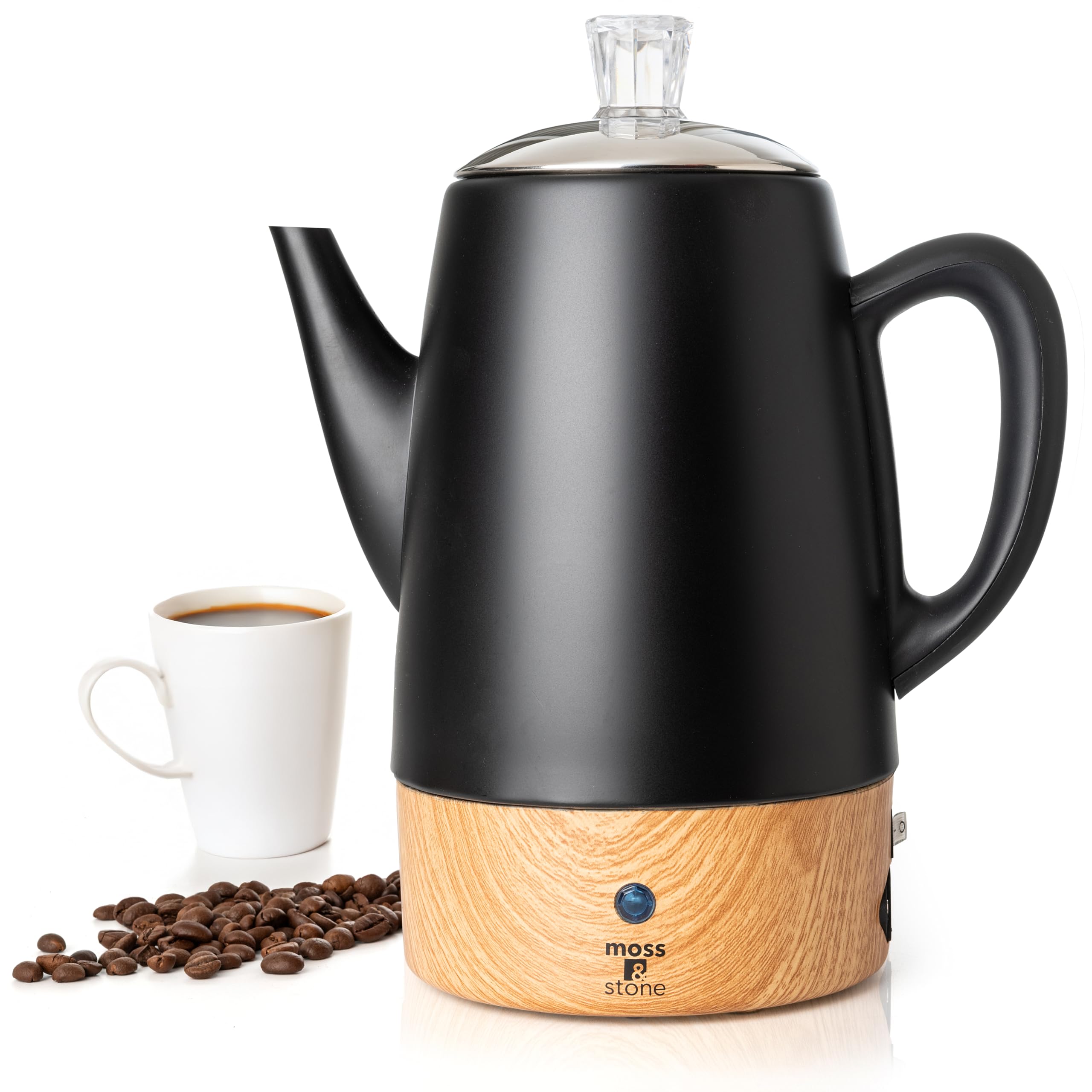 Moss & Stone 10 cup black electric percolator on kitchen counter