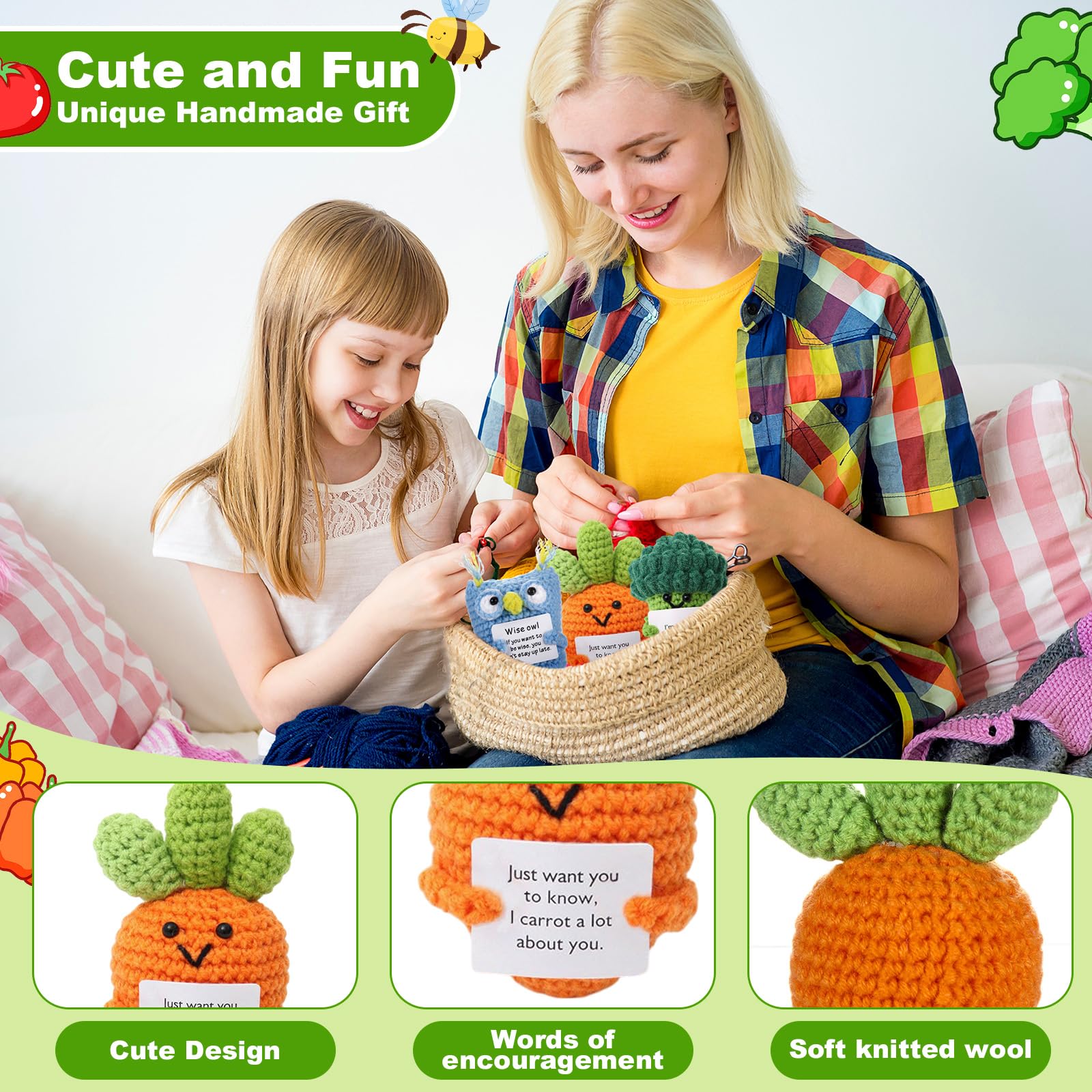 Motivational cards included with each crochet animal