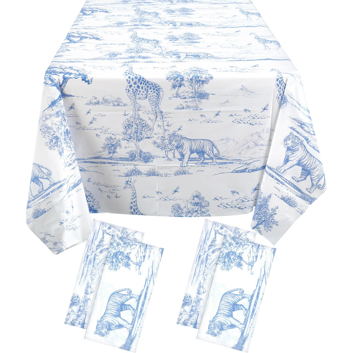 Moukeren Toile De Jouy safari tablecloths blue 54x108 inches 4-pack
