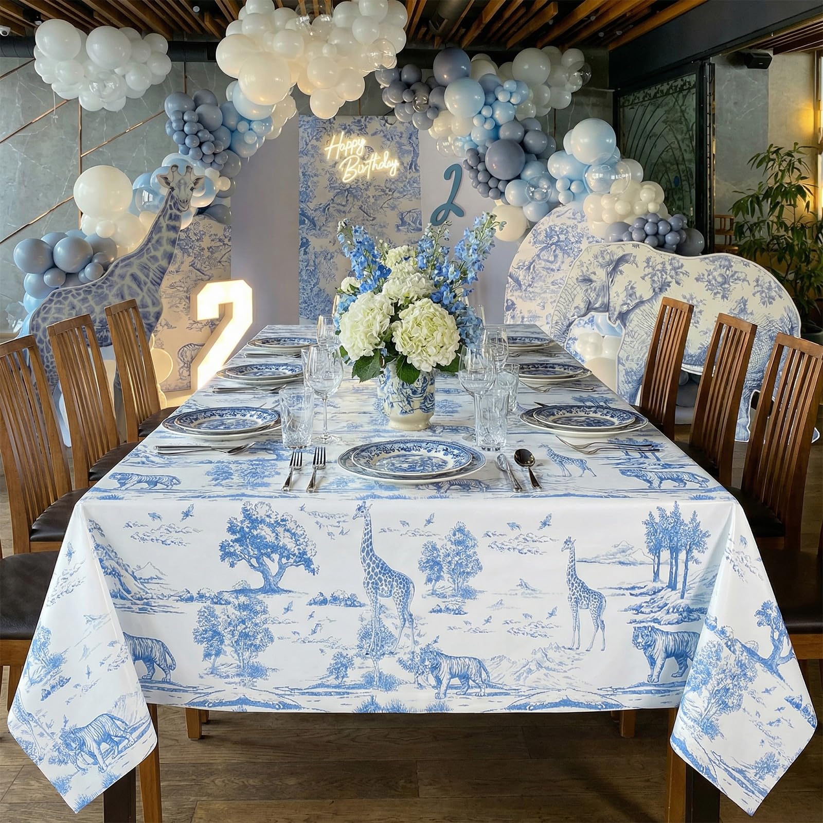 Moukeren Toile De Jouy blue safari tablecloths for parties