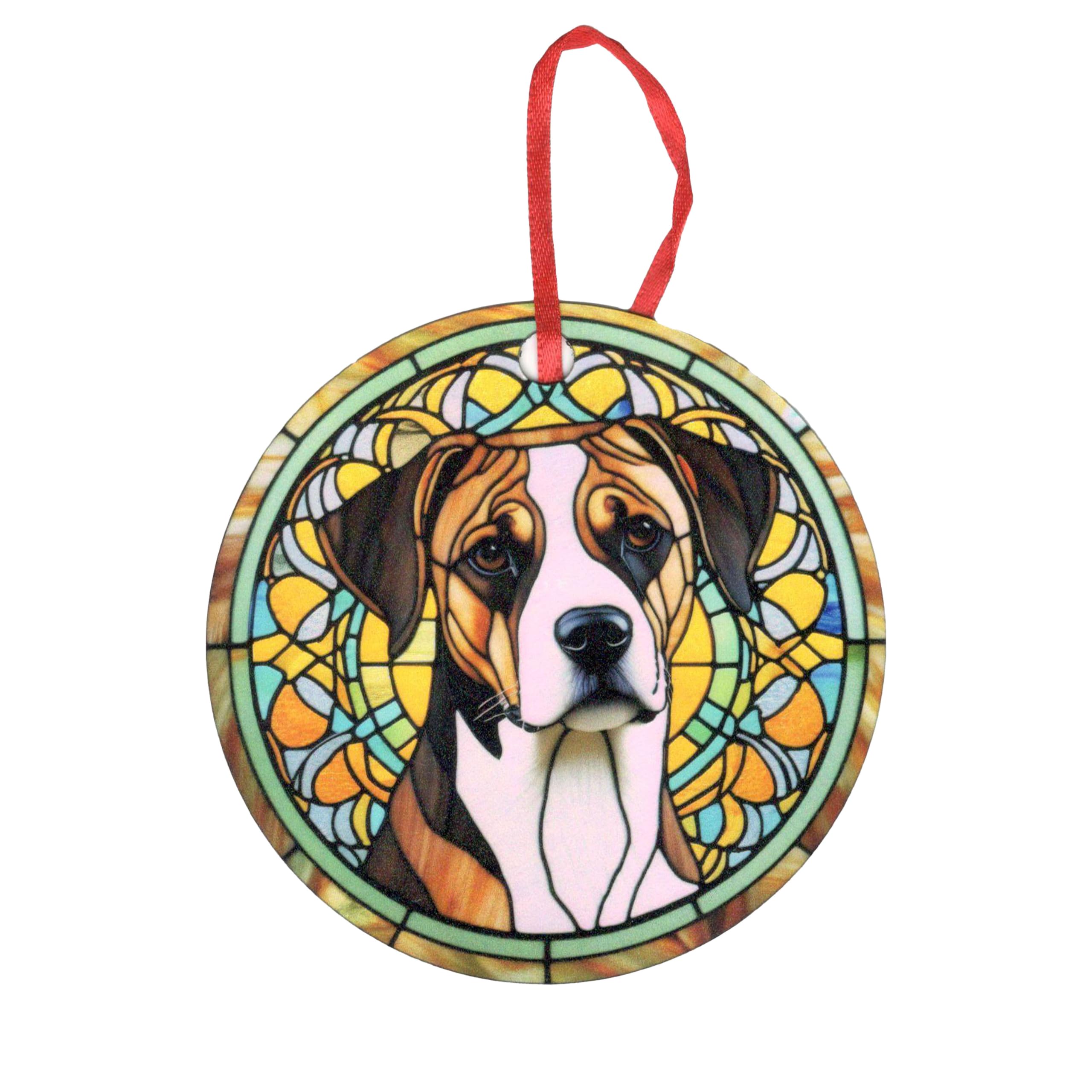 Mountain Cur holographic ornament with red ribbon hanging