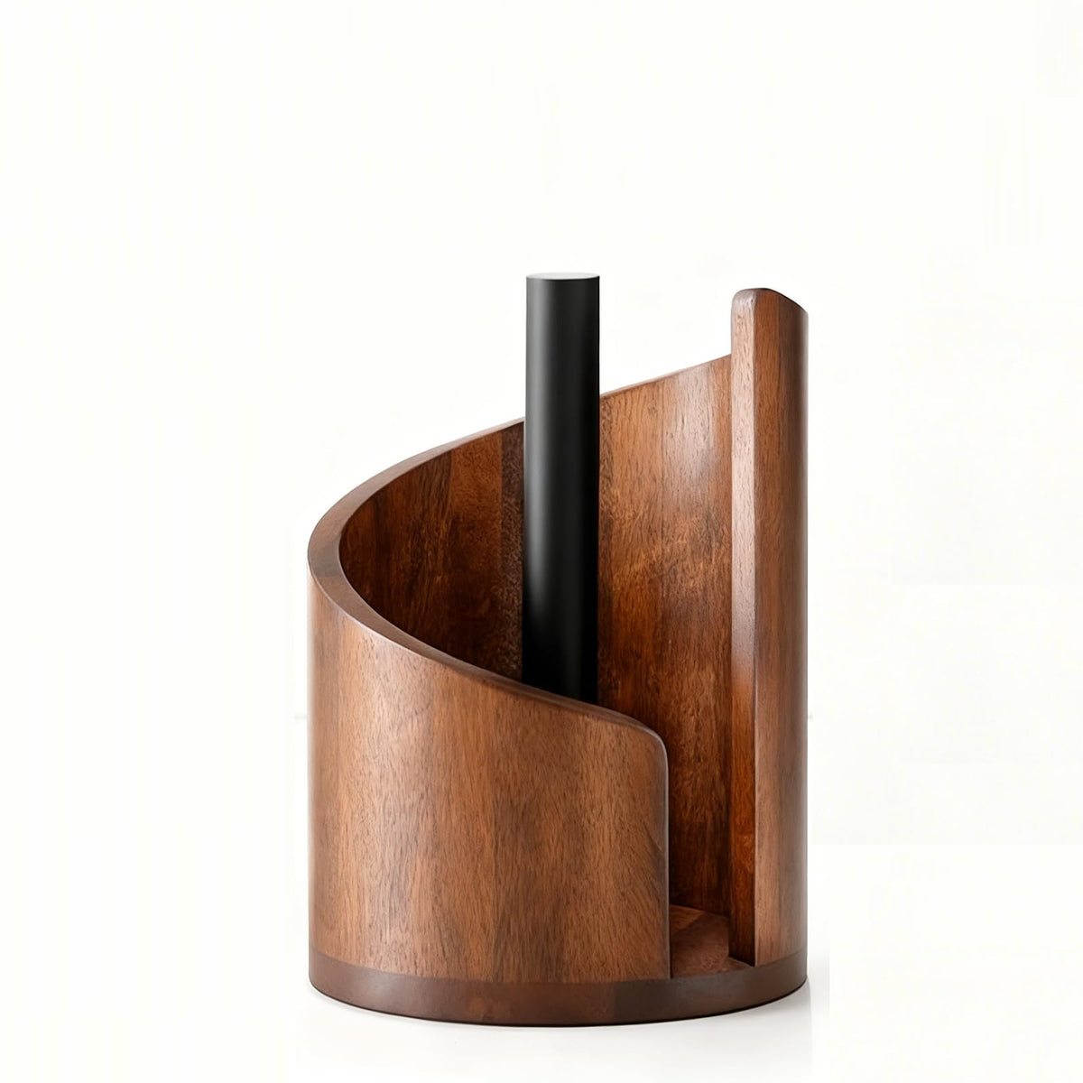 Mountain Paper Towel Holder on kitchen counter with mango wood finish and iron base