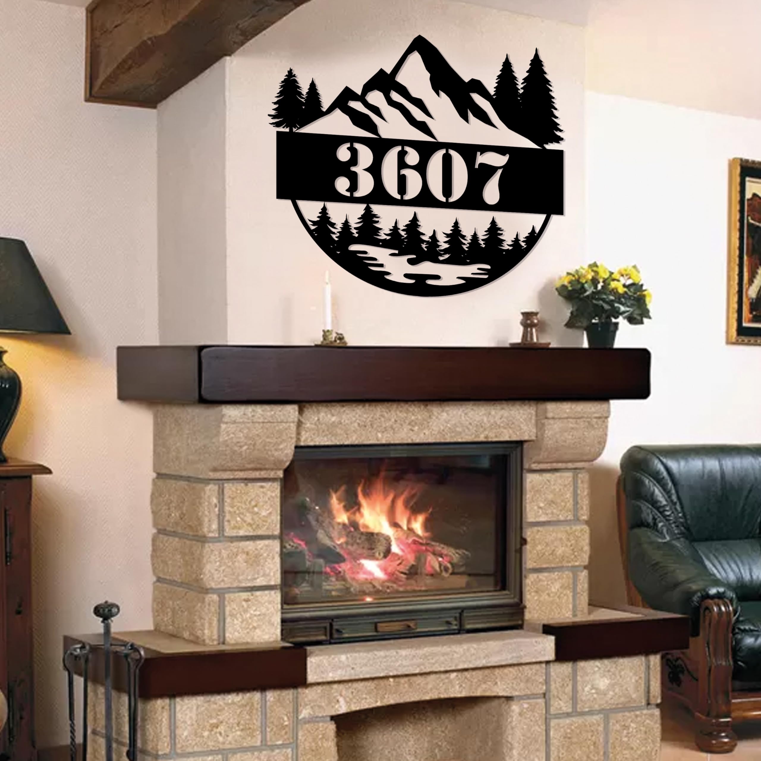 Mountain and pine design outdoor address plaque for cabin