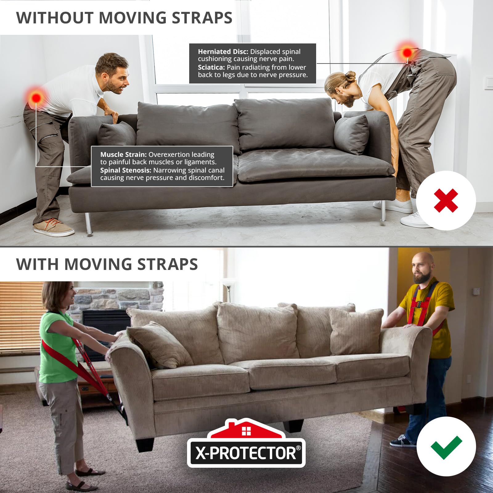 Two movers using X-Protector moving straps adjustable 50-118 inches