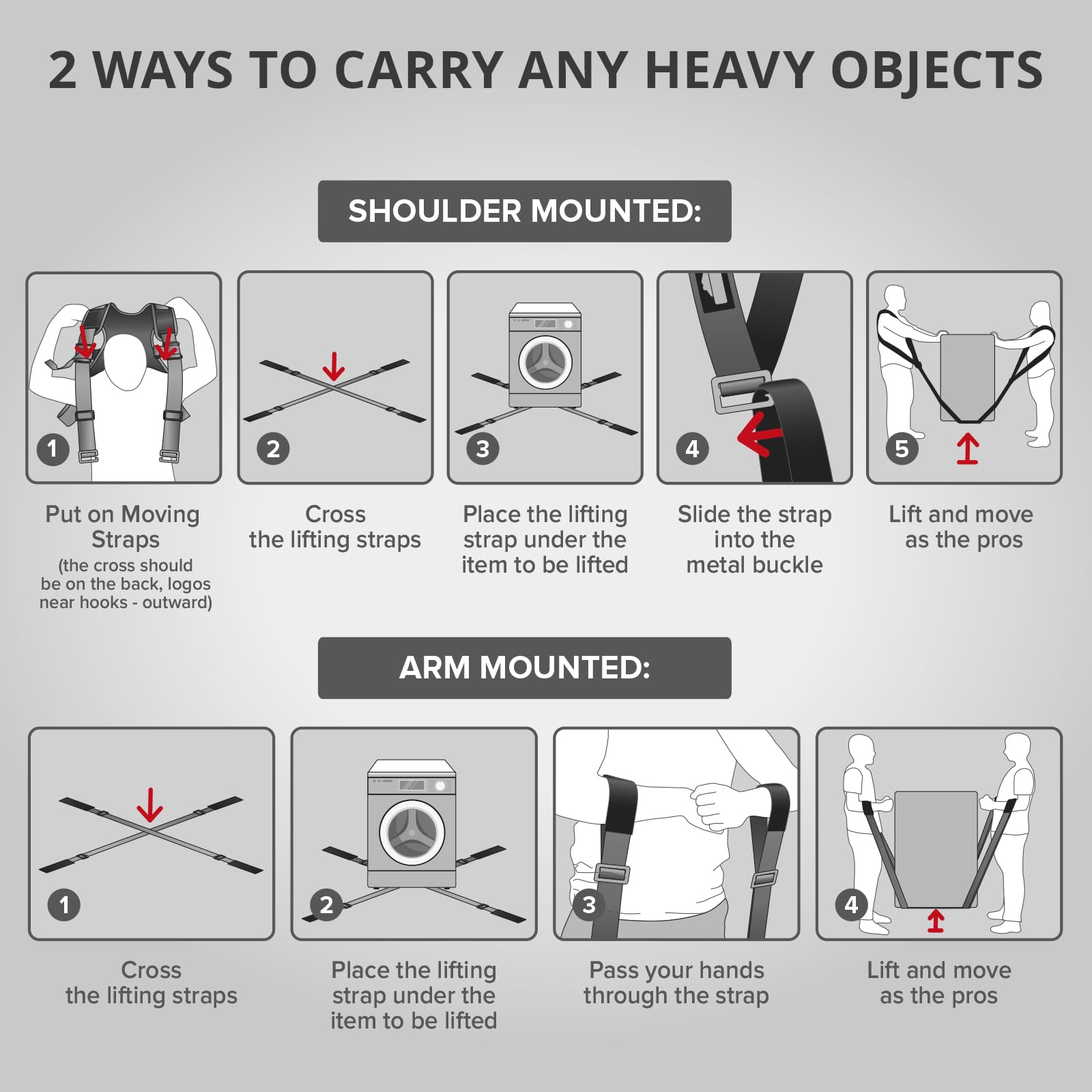 Universal design moving straps for bulky items and two-person use