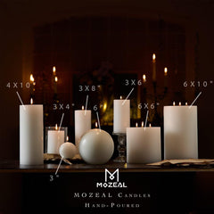 White MOZEAL dripless pillar candles 3-pack used for weddings