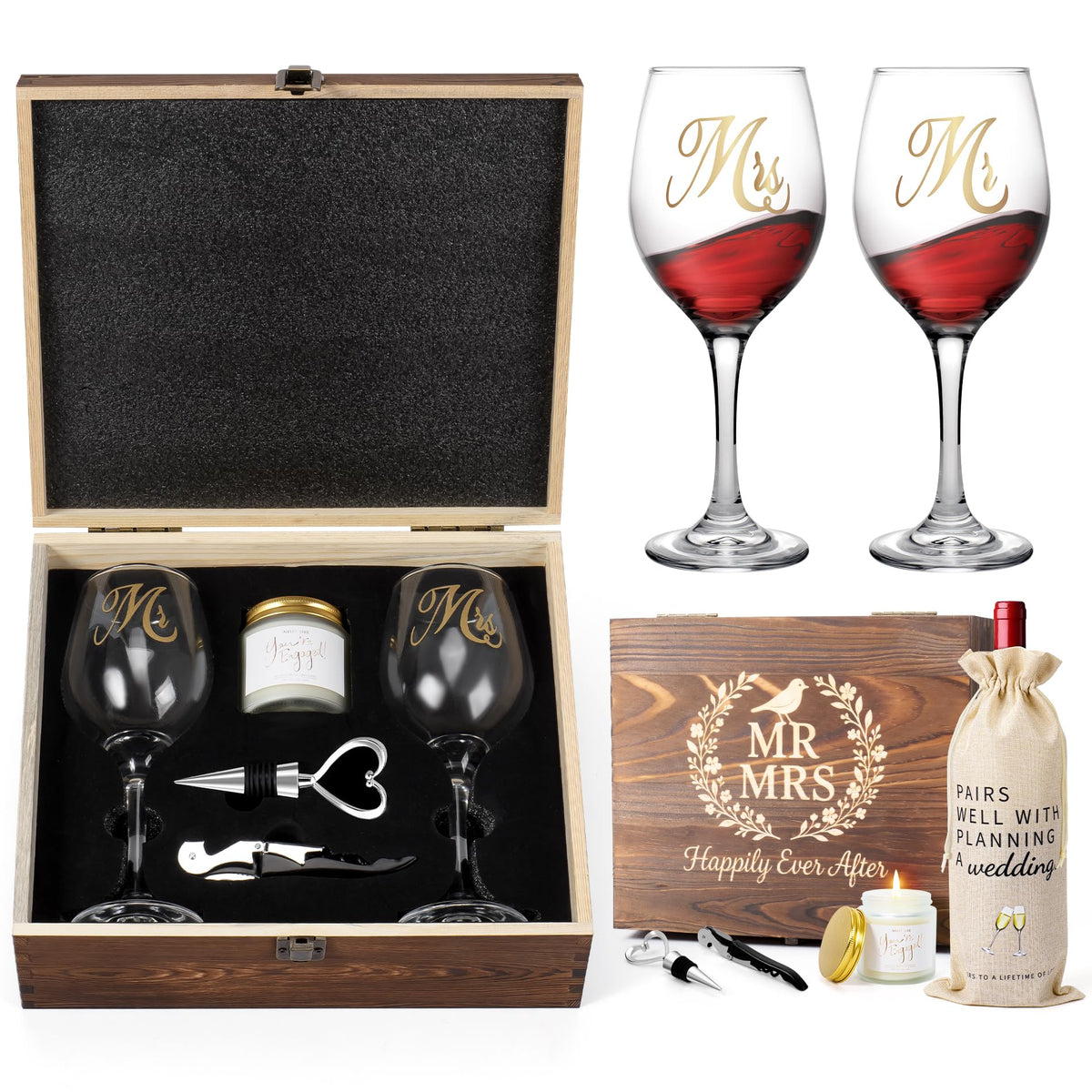 Mr and Mrs engagement gift set with wine glasses and keepsake box