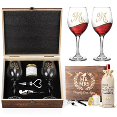 Mr and Mrs engagement gift set with wine glasses and keepsake box
