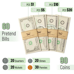 Sixty bills and ninety coins from Mr. Pen play money for kids