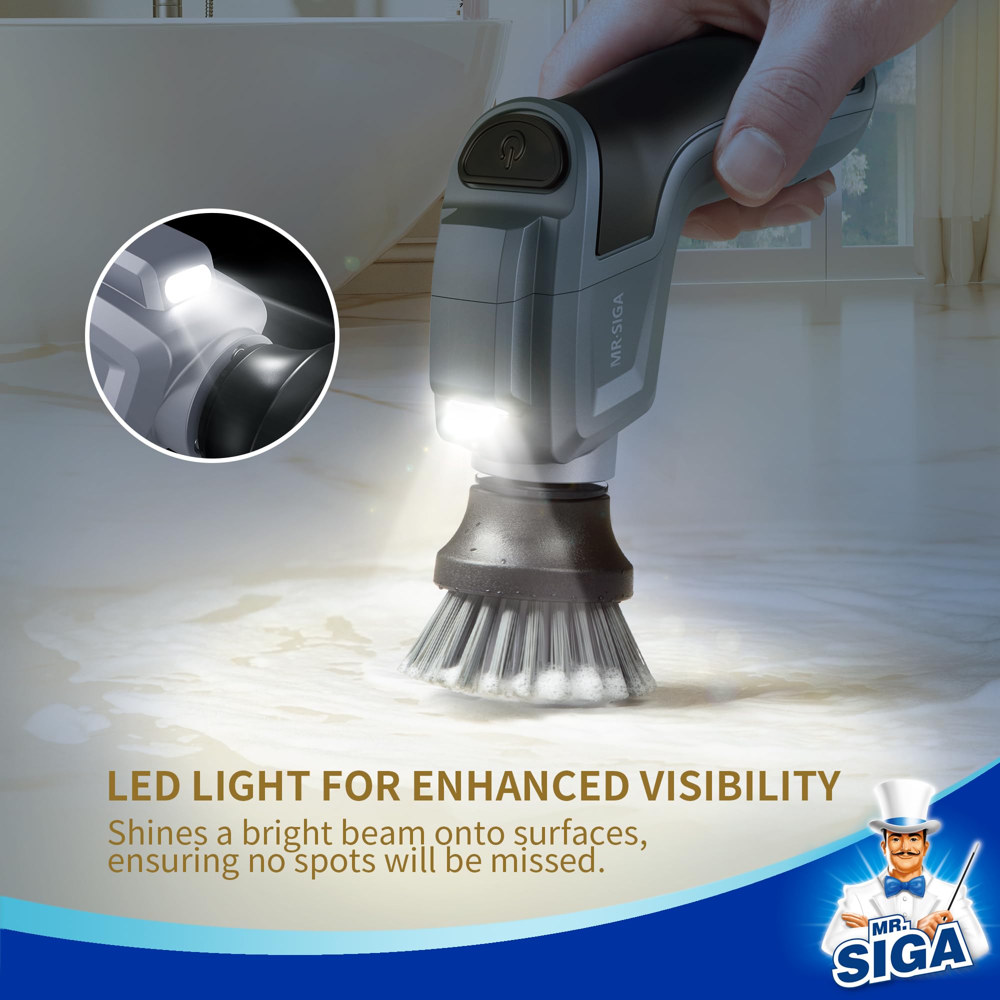 Cordless MR.SIGA electric scrubber for kitchen and bathroom