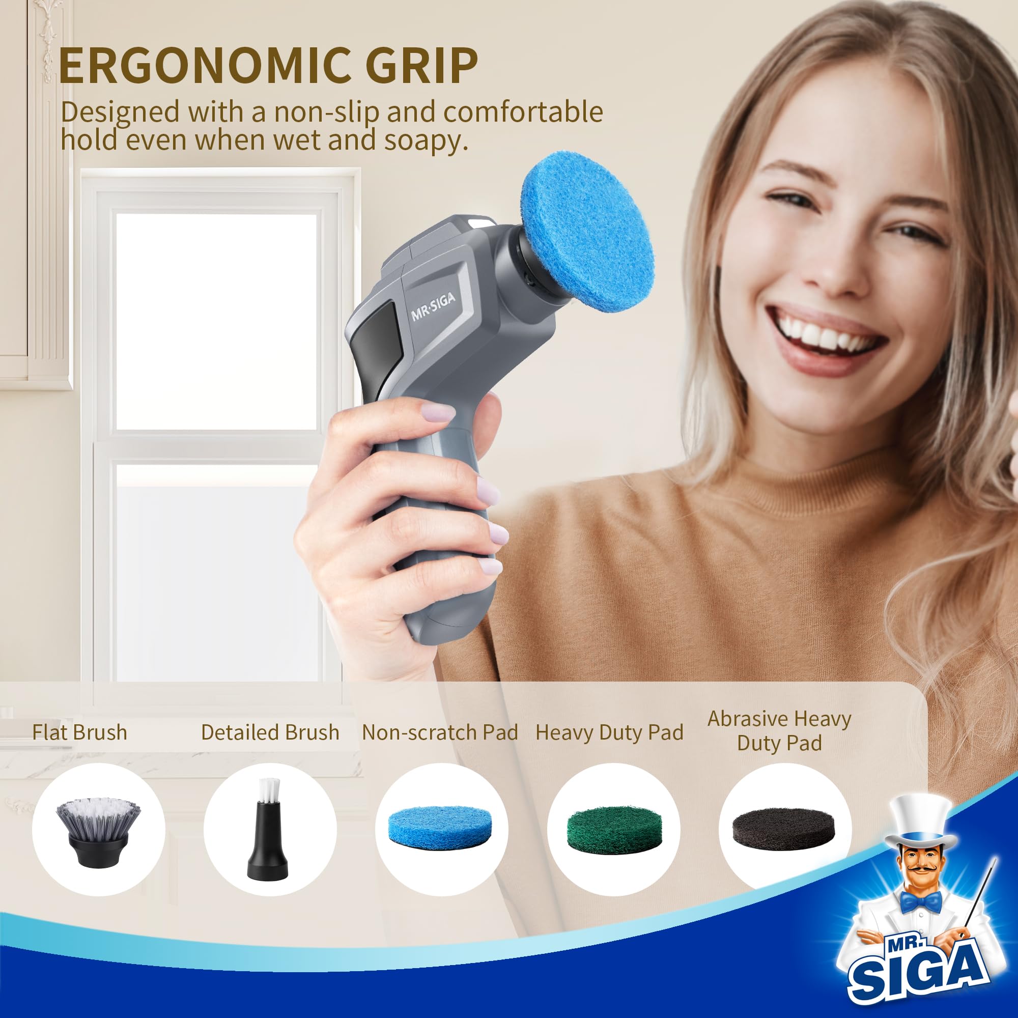 MR.SIGA cordless scrubber with ergonomic non-slip grip
