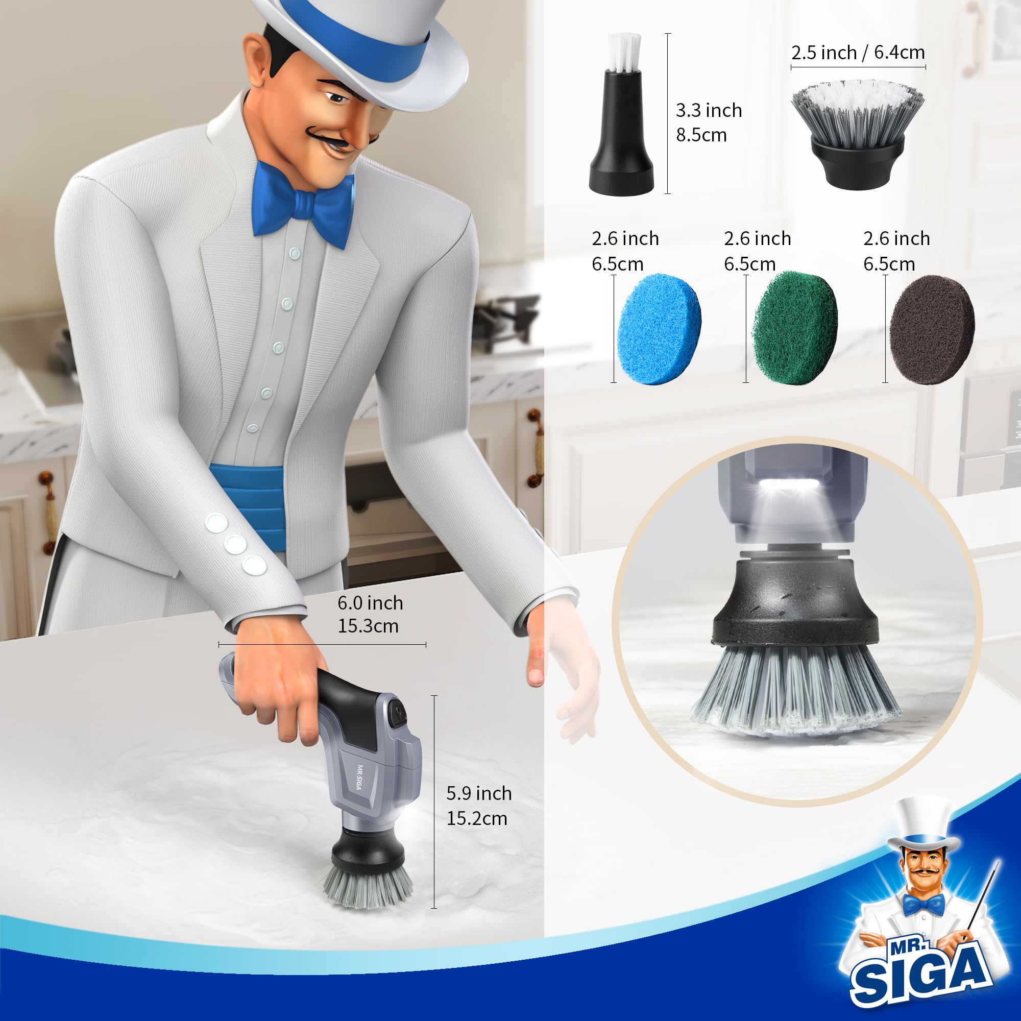 MR.SIGA spin scrubber LED light in use on surface