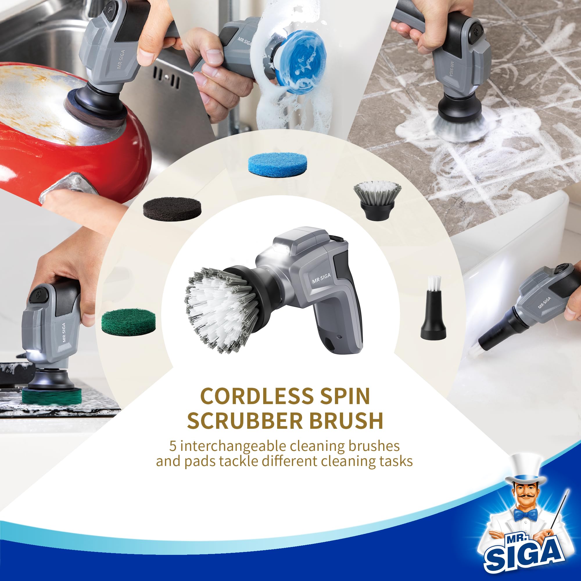Set includes 5 replaceable brushes and pads for MR.SIGA