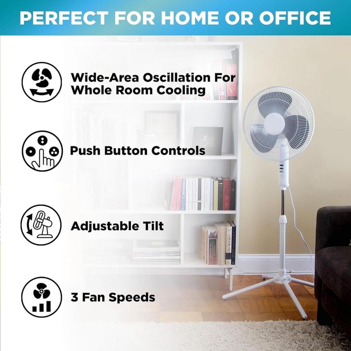 EZ-Chill pedestal fan wide air coverage 16 inch black