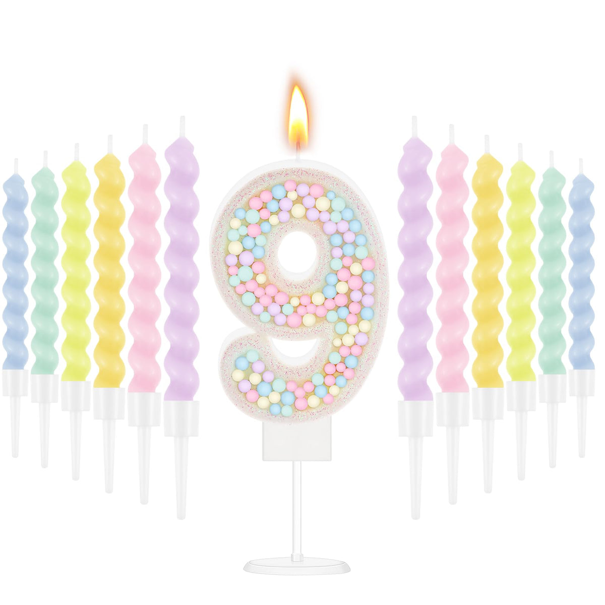 MTLEE number 9 birthday candle with 12 spiral macaron candles on cake