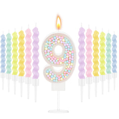 MTLEE number 9 birthday candle with 12 spiral macaron candles on cake