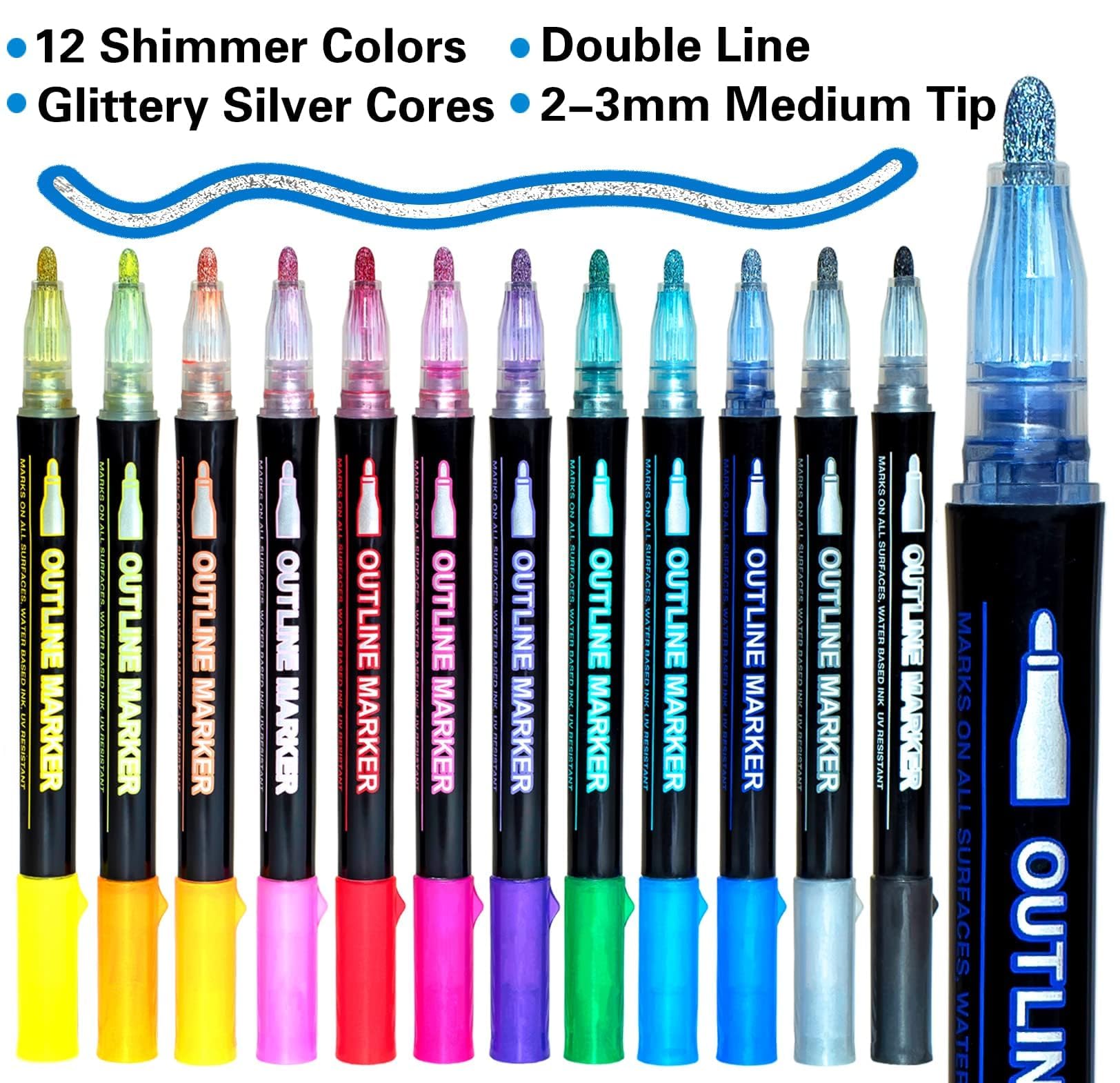 Muchcute Outline Markers 12 colors glitter pens for DIY art
