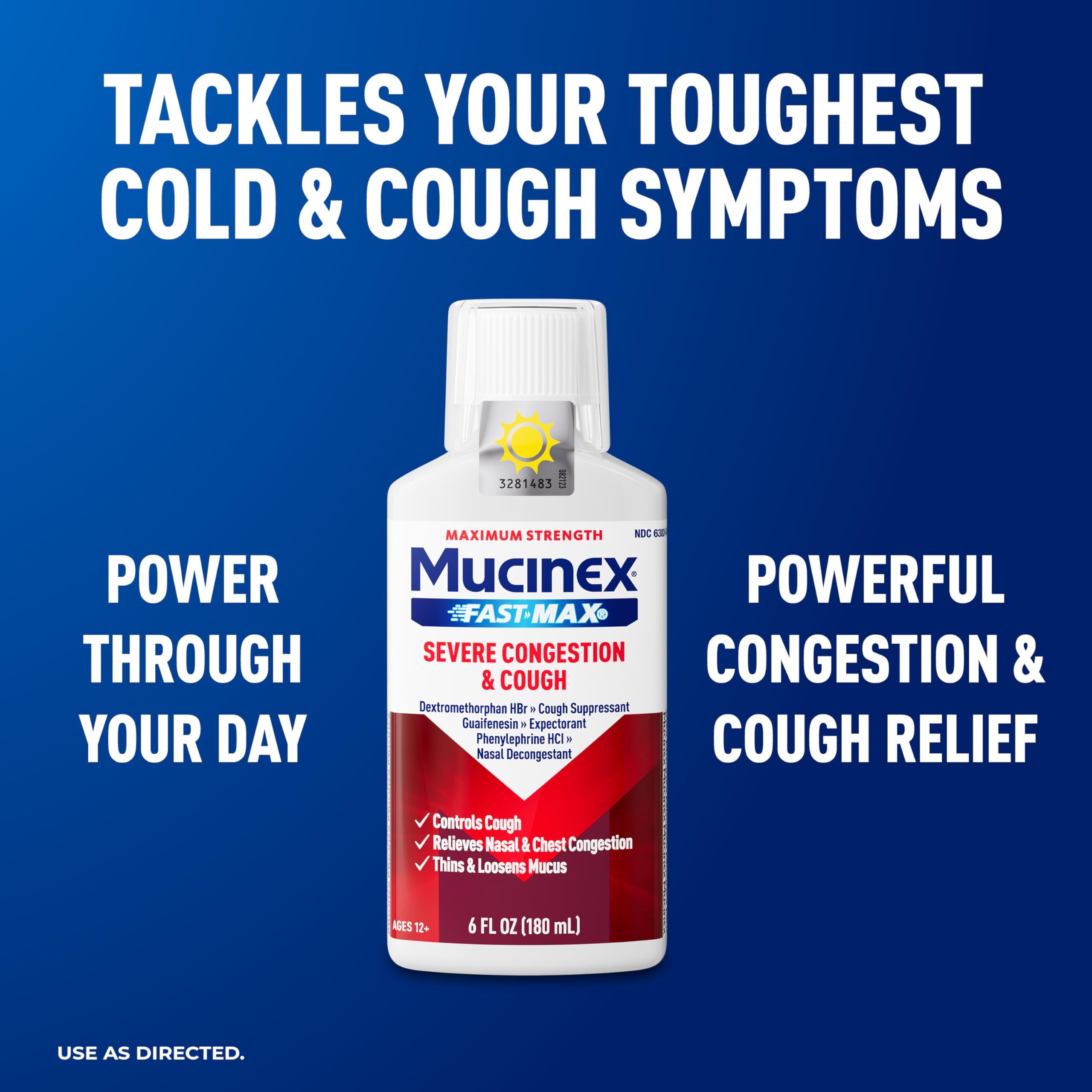 Mucinex liquid multi symptom relief packaging for adults and kids 12 years and up