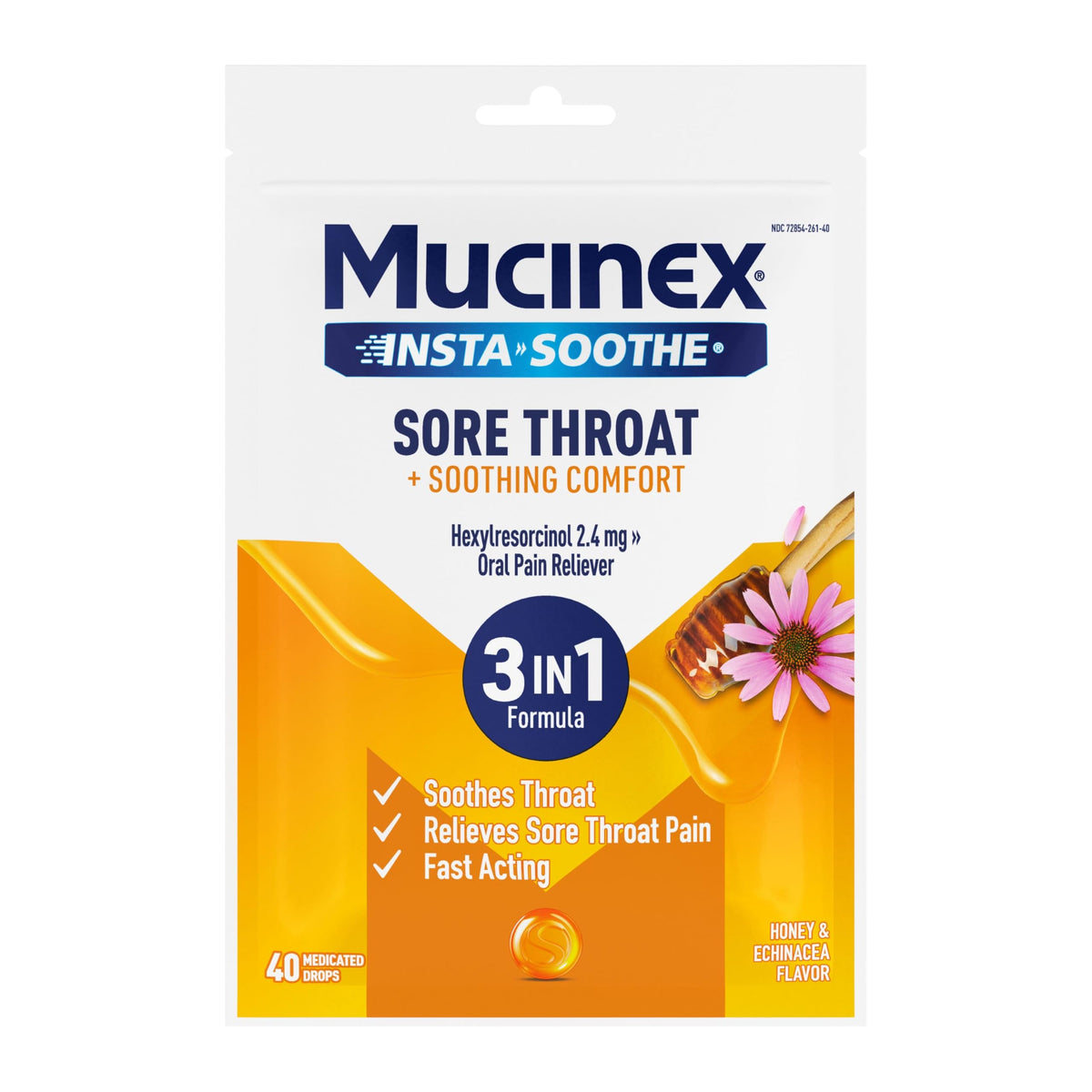 Mucinex Instasoothe Sore Throat Drops 40 drops pack front view
