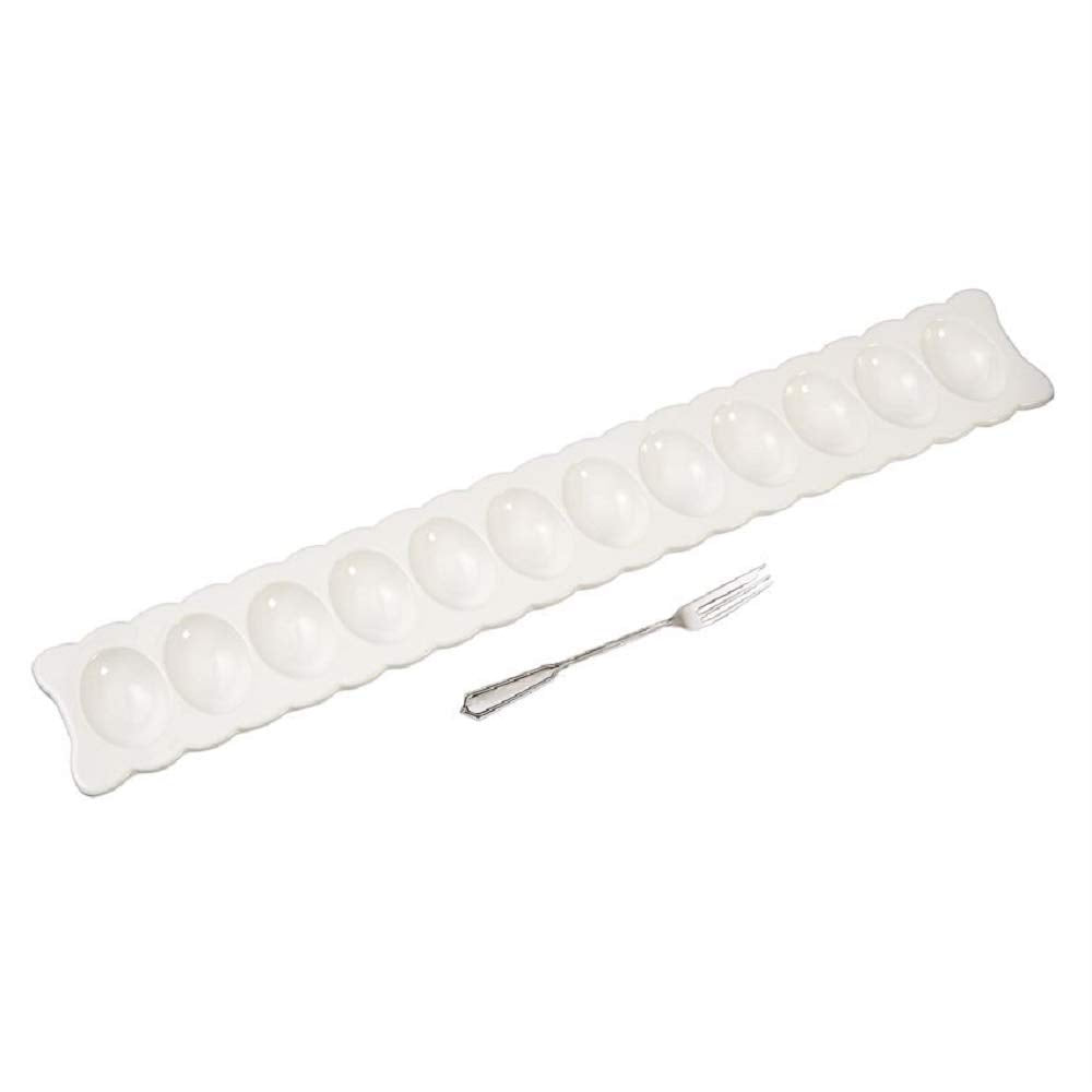 Mud Pie deviled egg long tray set ceramic tray with scalloped edge