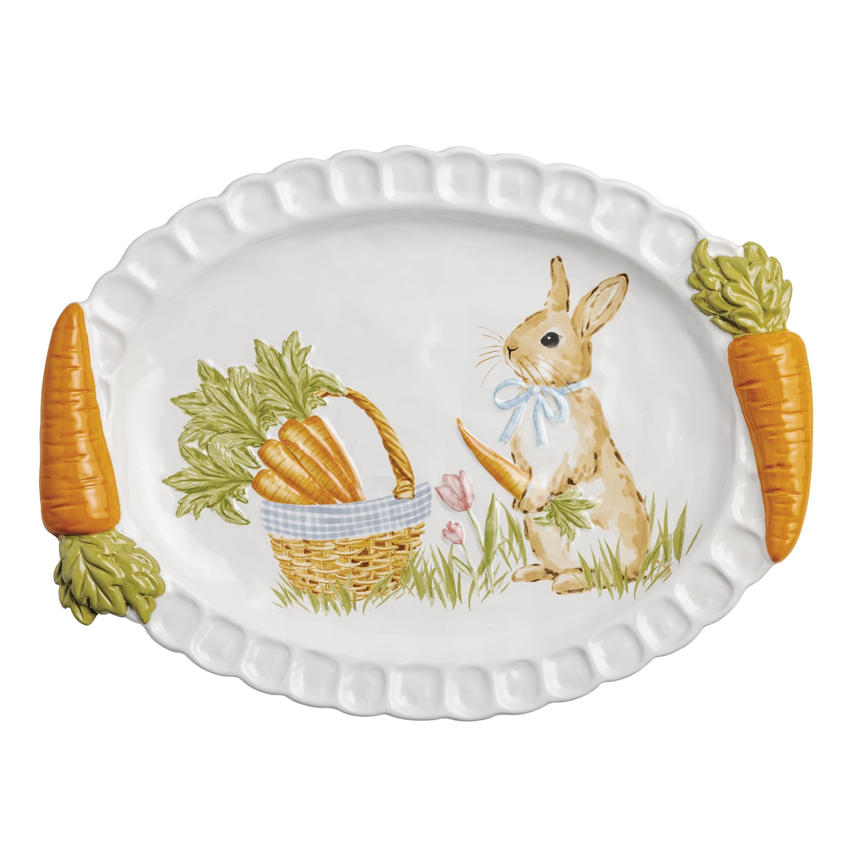 Mud Pie Easter Carrot Handle Platter white stoneware with textured rim and carrot handles