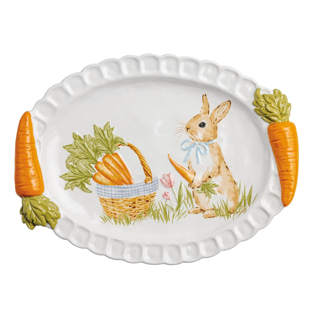 Mud Pie Easter Carrot Handle Platter white stoneware with textured rim and carrot handles