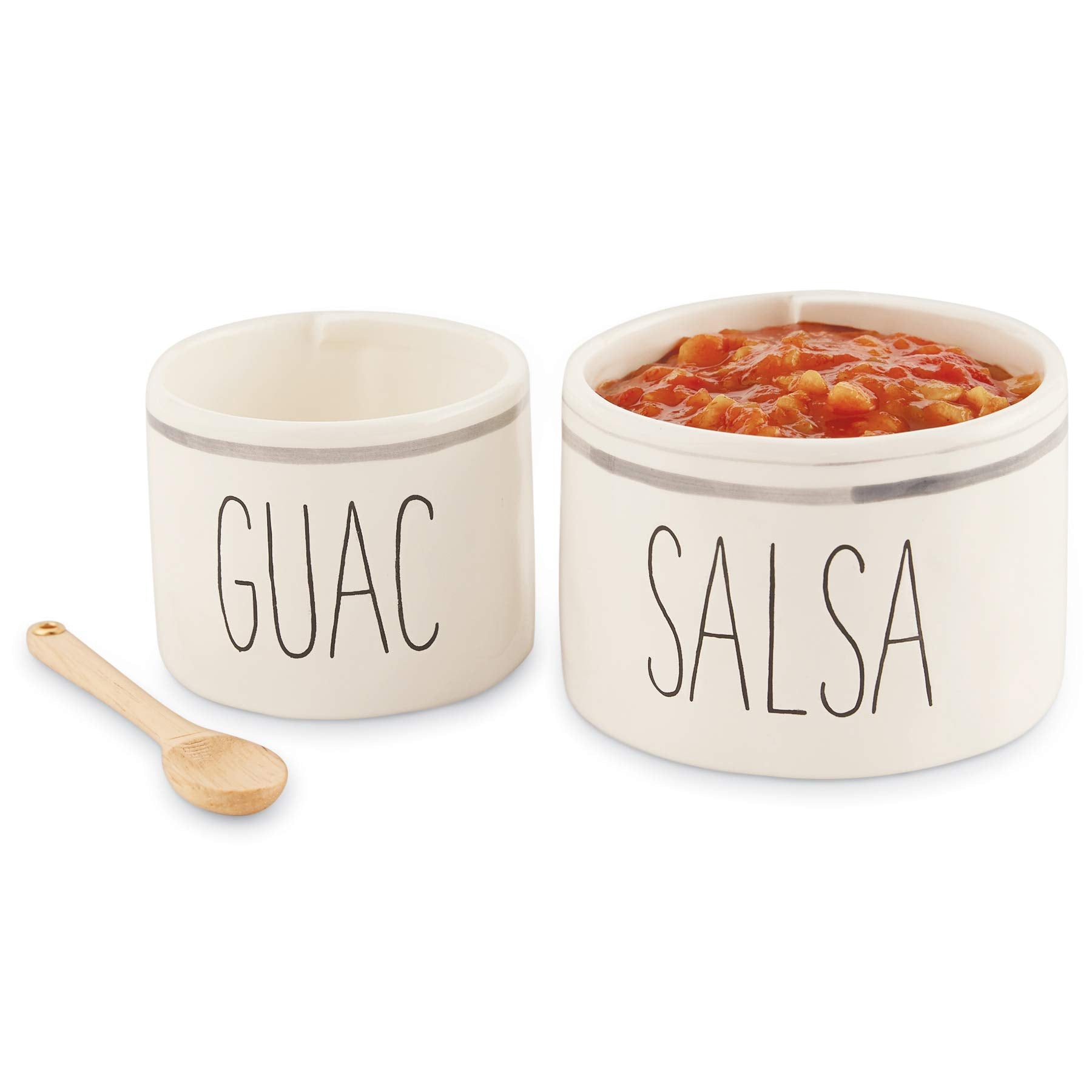 Two nested mottled ceramic dipping bowls for salsa and guac
