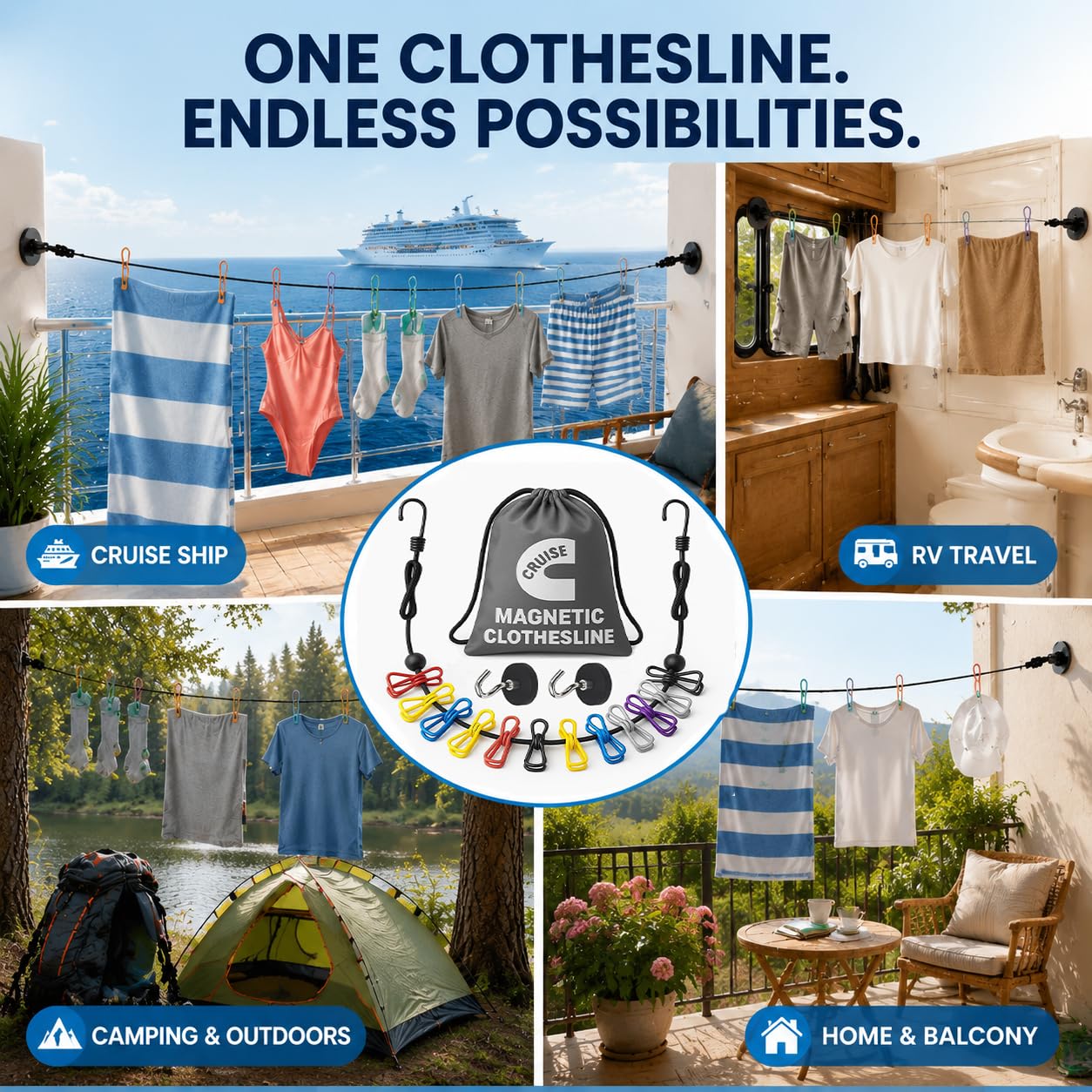 Multi purpose clothesline suitable for RV camping indoor outdoor drying