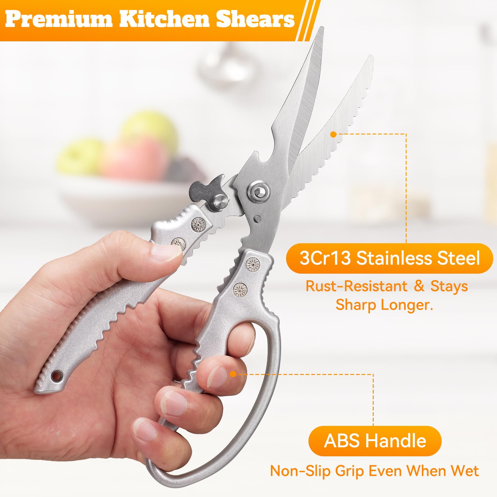 Multi-Purpose kitchen scissors demonstrating bottle opener and pizza slice