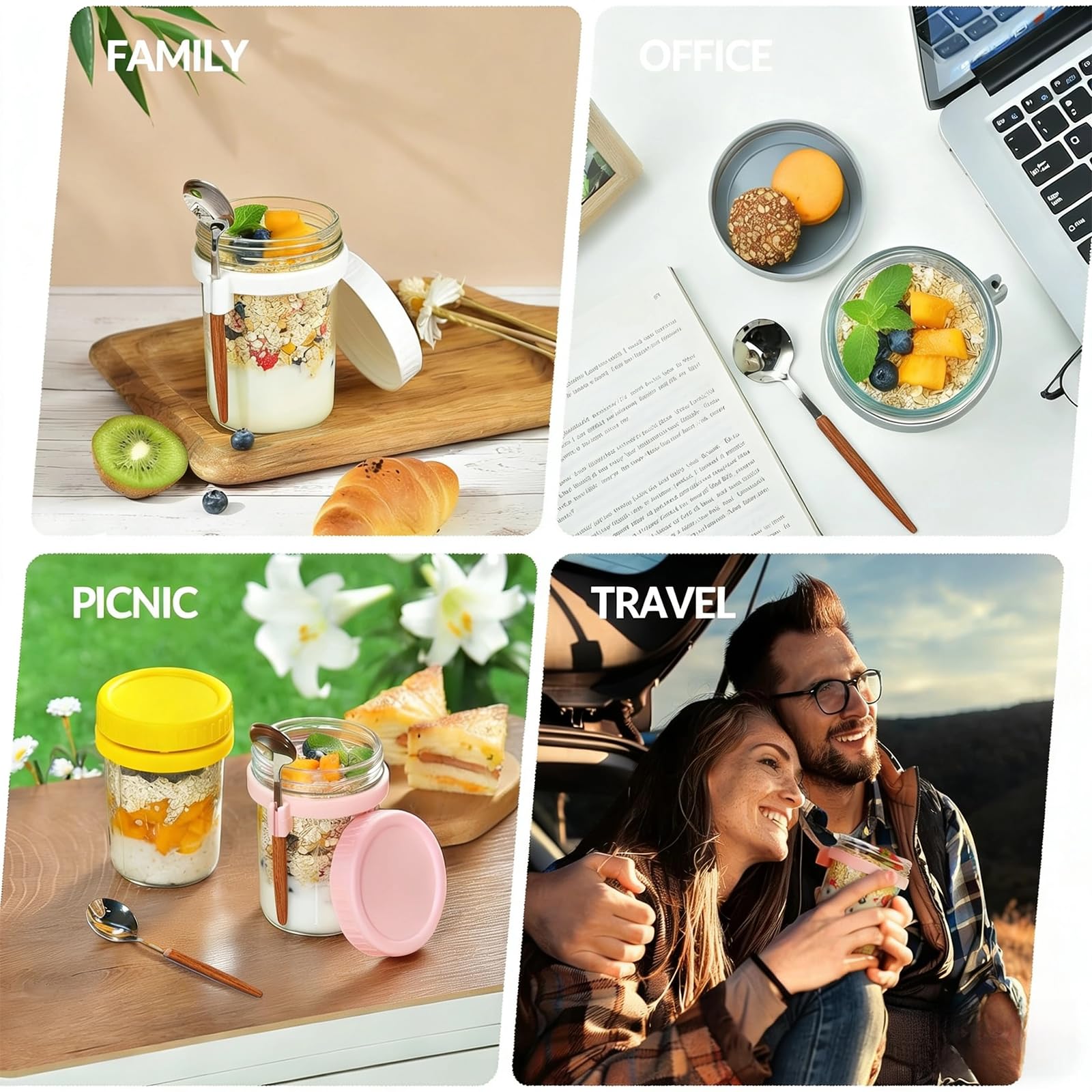 Storage for oats yogurt fruit and snacks in jars