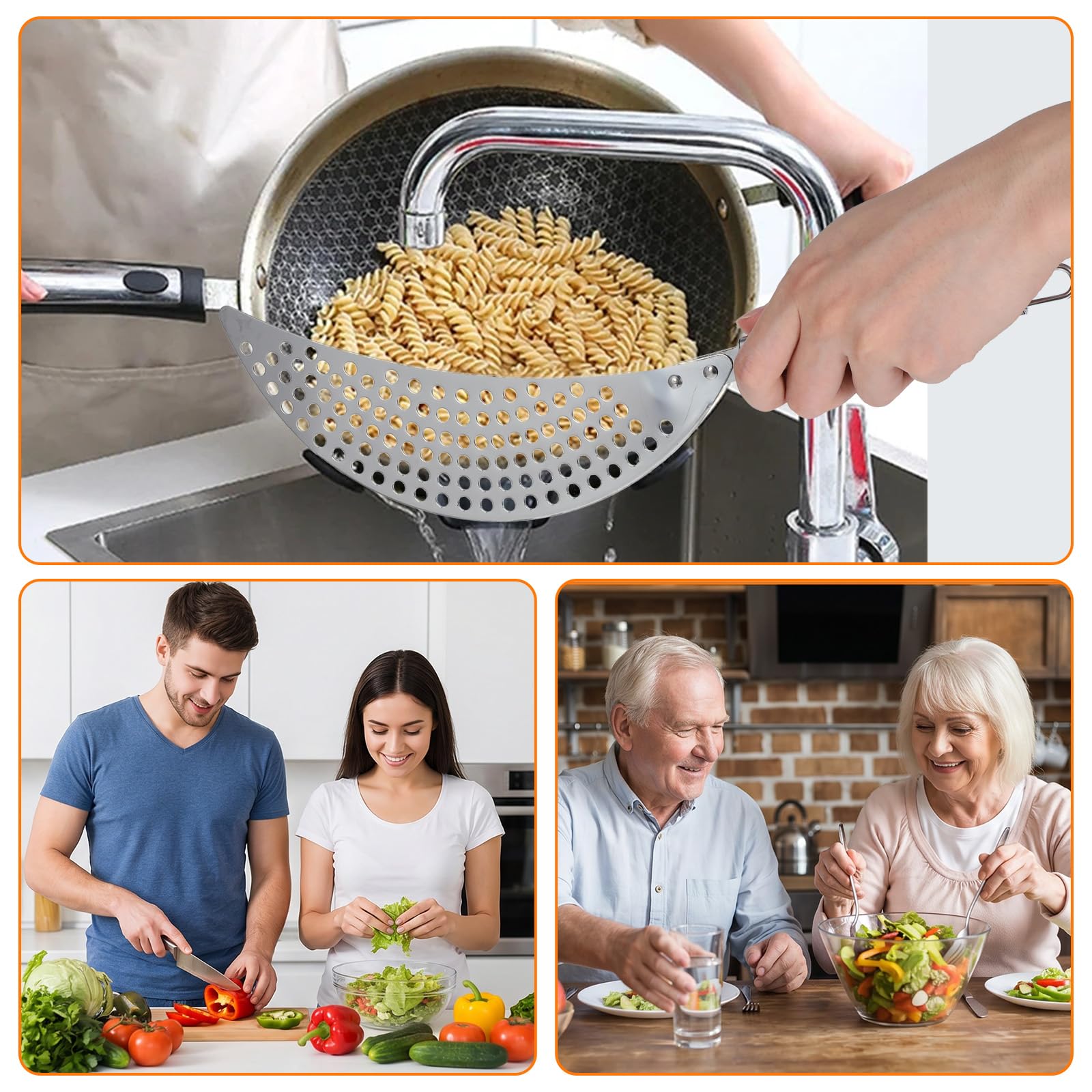 Moon shaped edge stainless steel strainer design