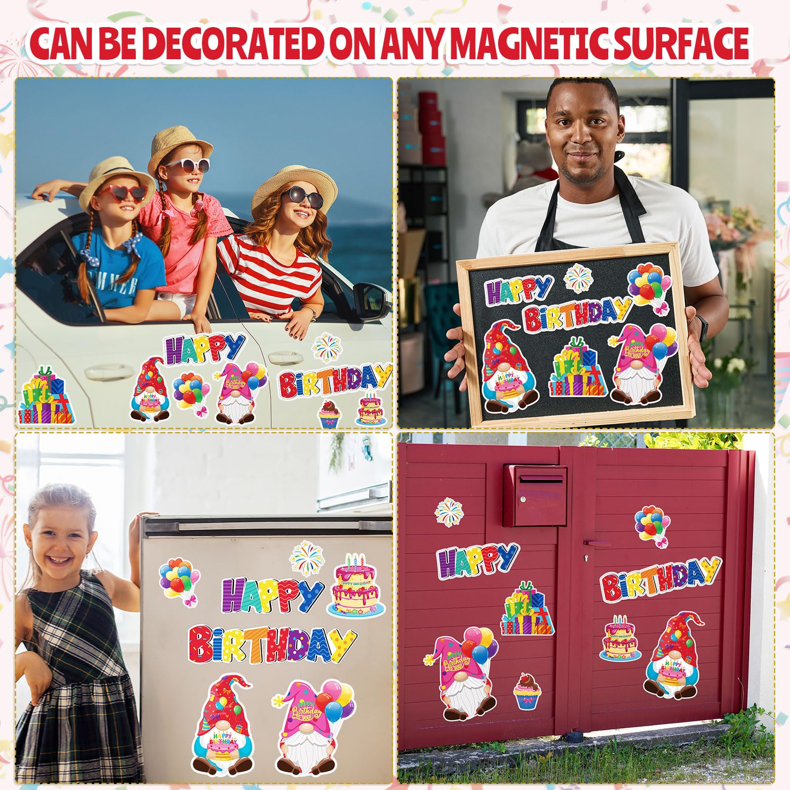 Gnome themed birthday magnets with balloons and gifts