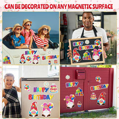 Gnome themed birthday magnets with balloons and gifts