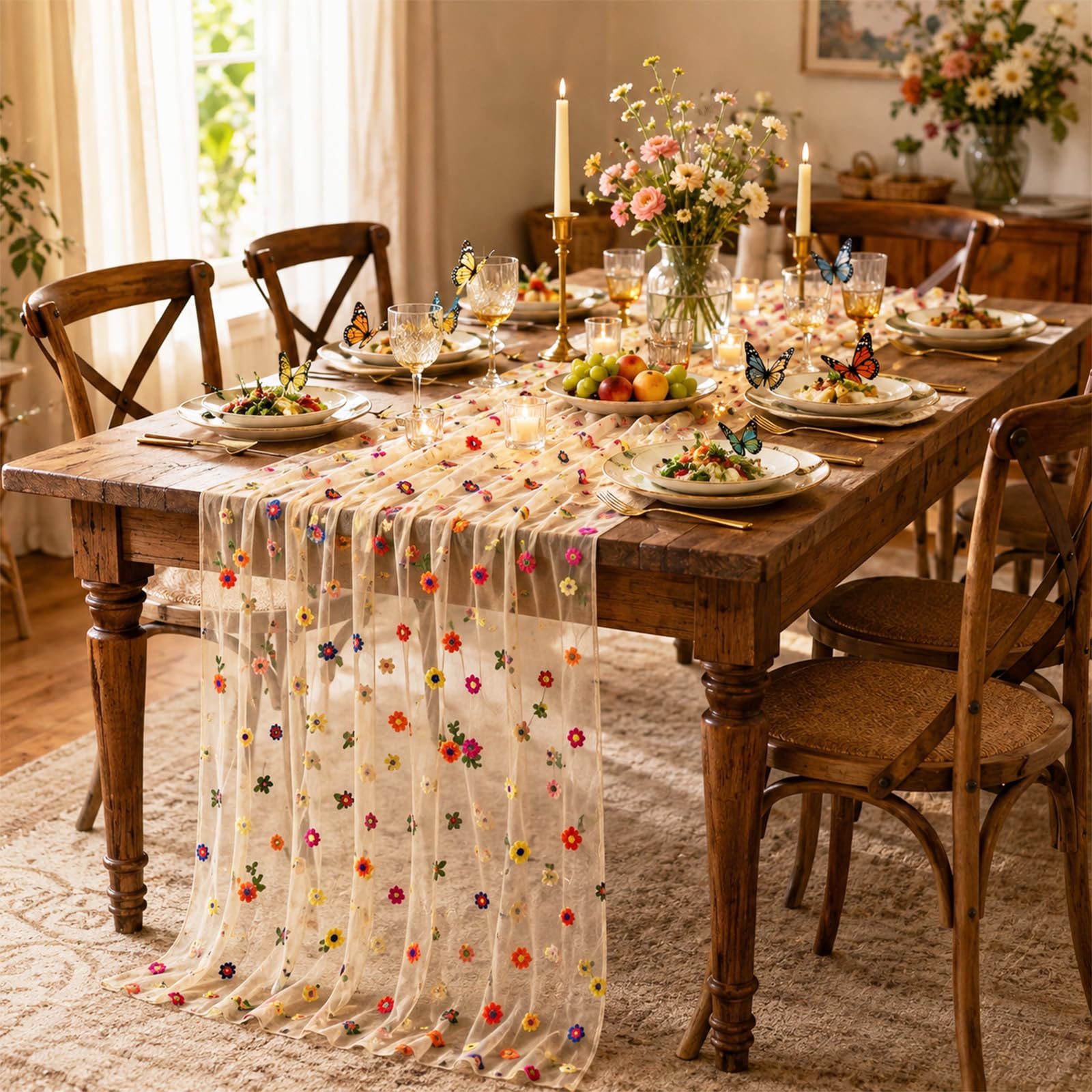 Embroidered daisy design adds elegant touch to table decor