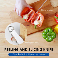 Multifunctional fruit peeling knife with stainless steel blade and plastic handle
