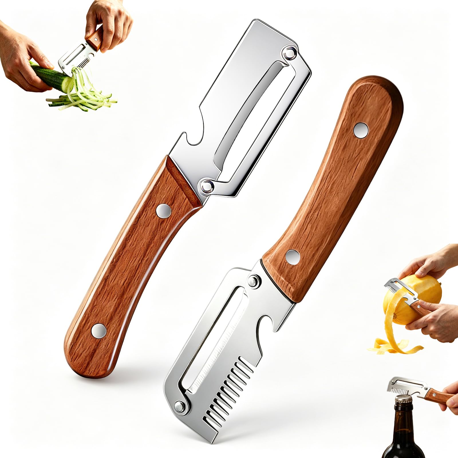 Multifunctional Vegetable Peeler 3-in-1 with ergonomic wooden handle