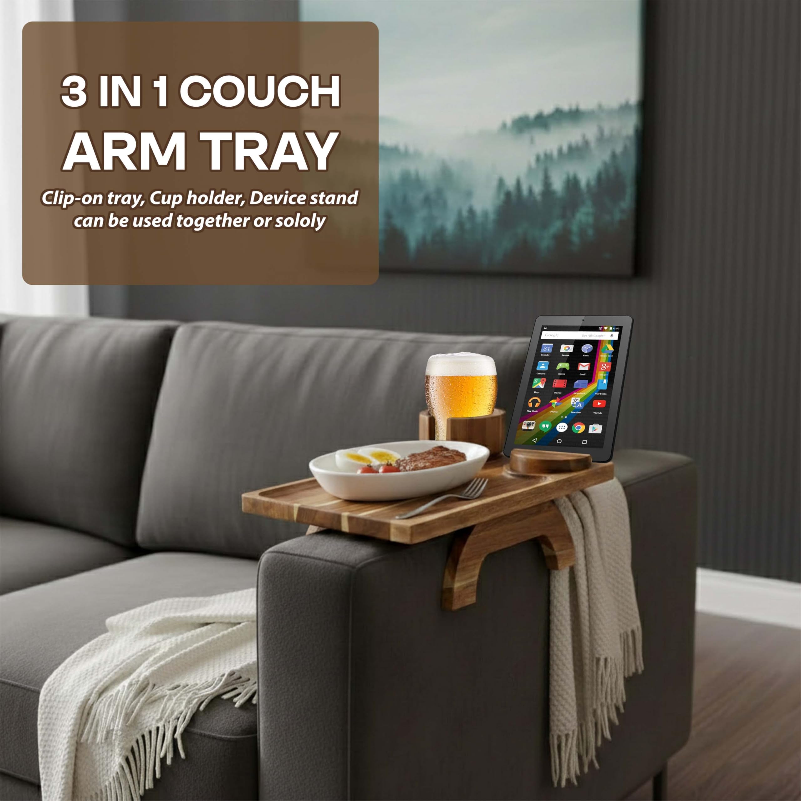 No installation required couch arm tray displayed on armrest