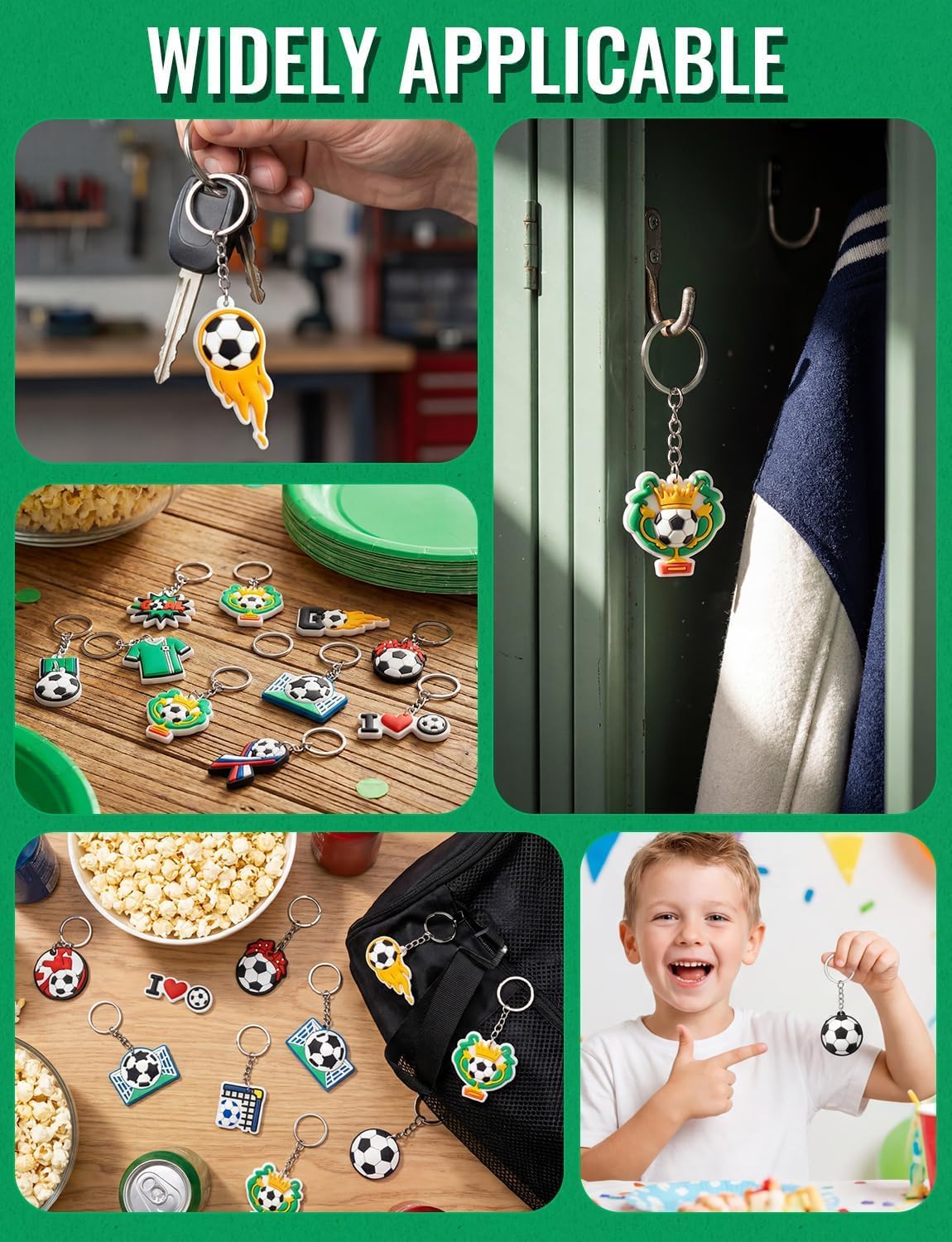 soccer themed keychains with trophies and fields