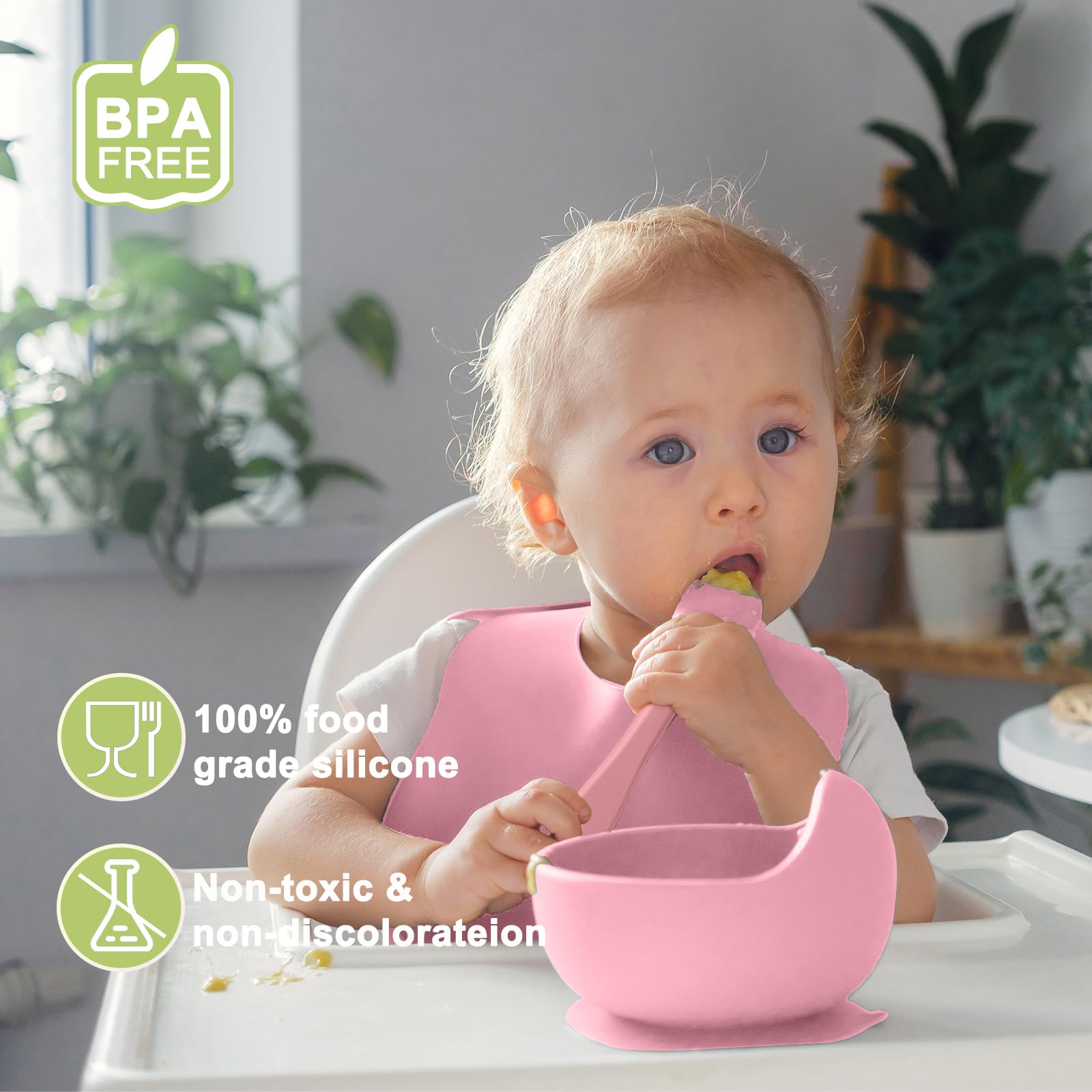 Pink variant of Munlinder silicone baby feeding set