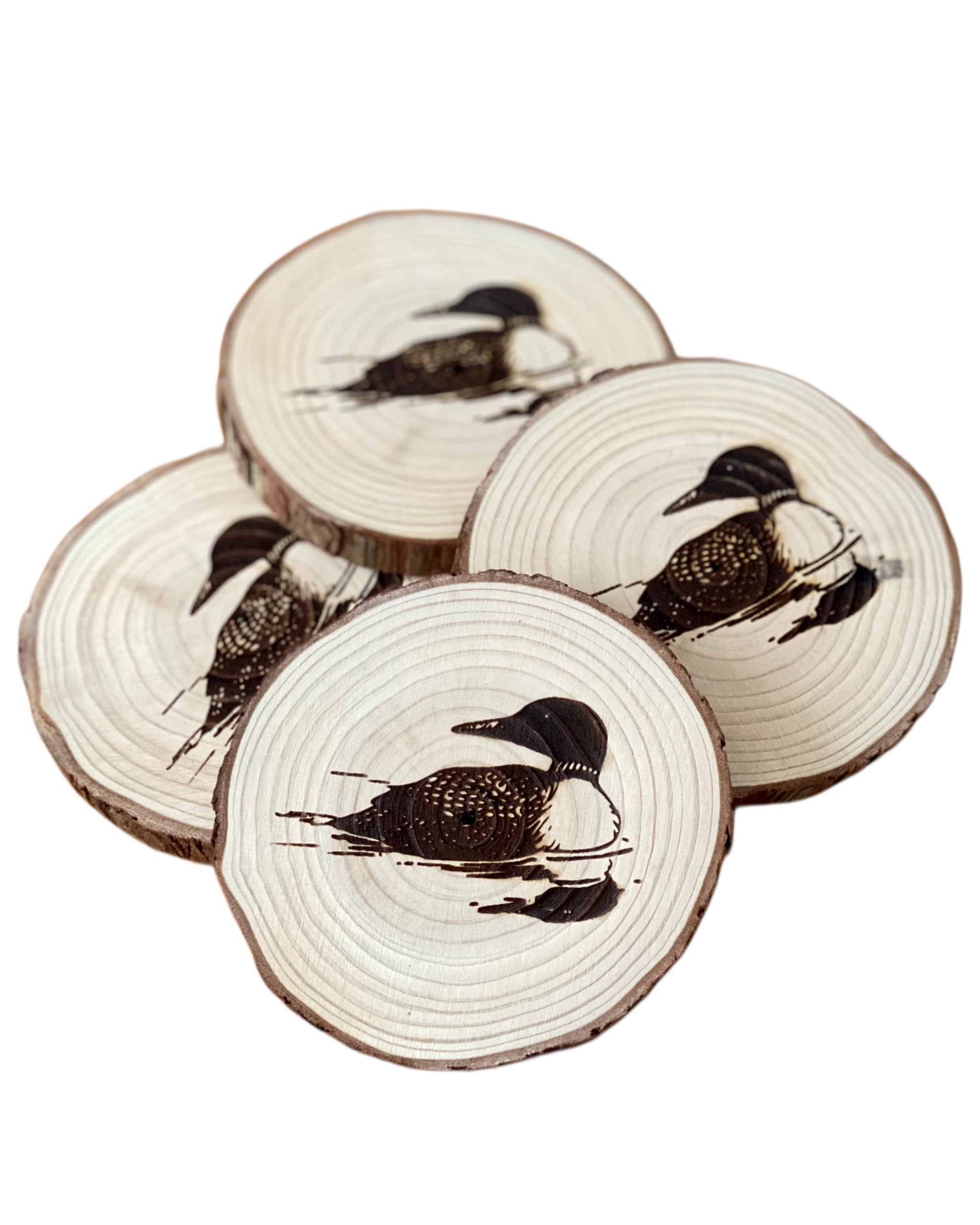 MUNSELL MADE Loon Engraved Wood Coaster set of 4 with loon engraving