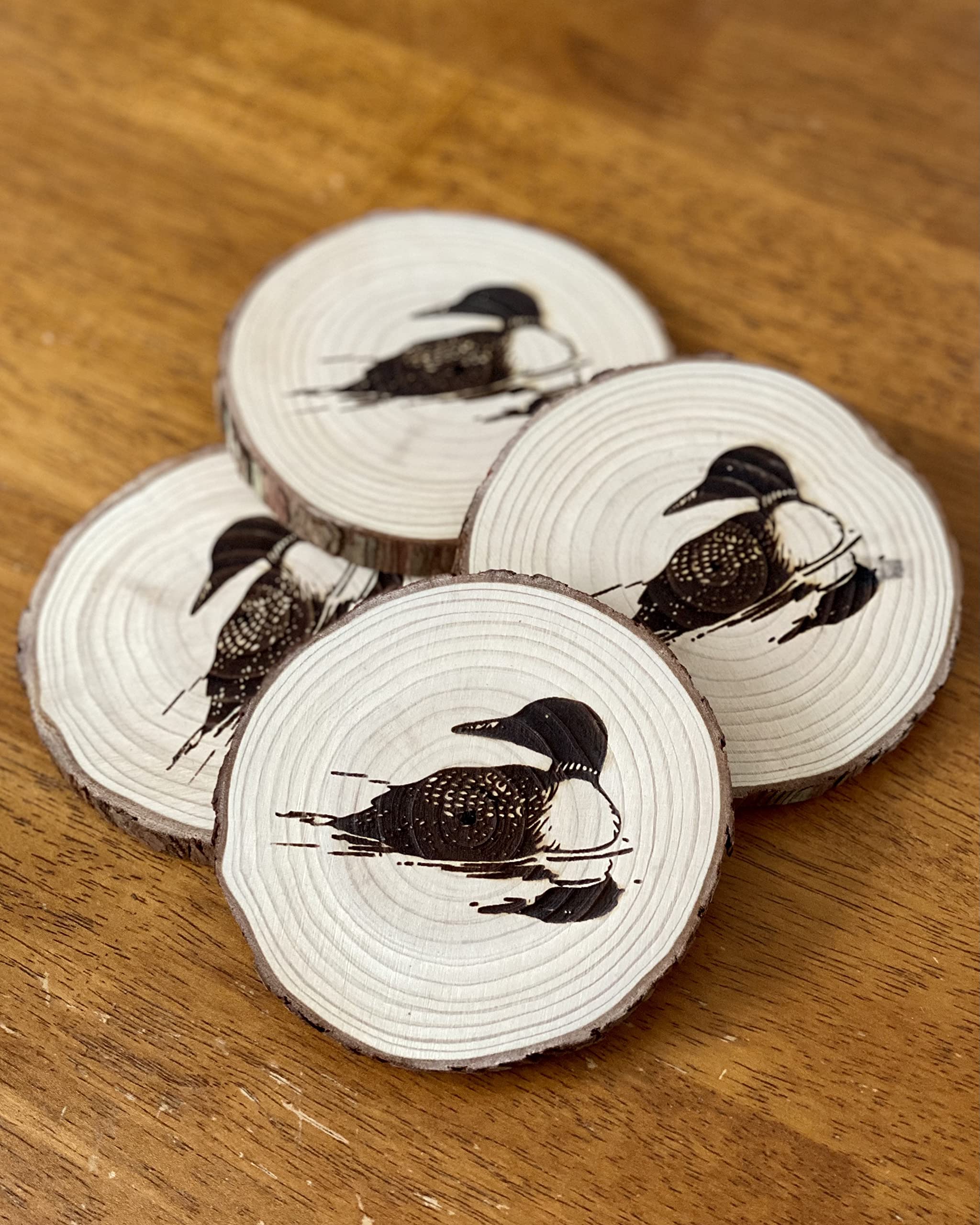 California pine wood slice coaster with laser engraved loon on top