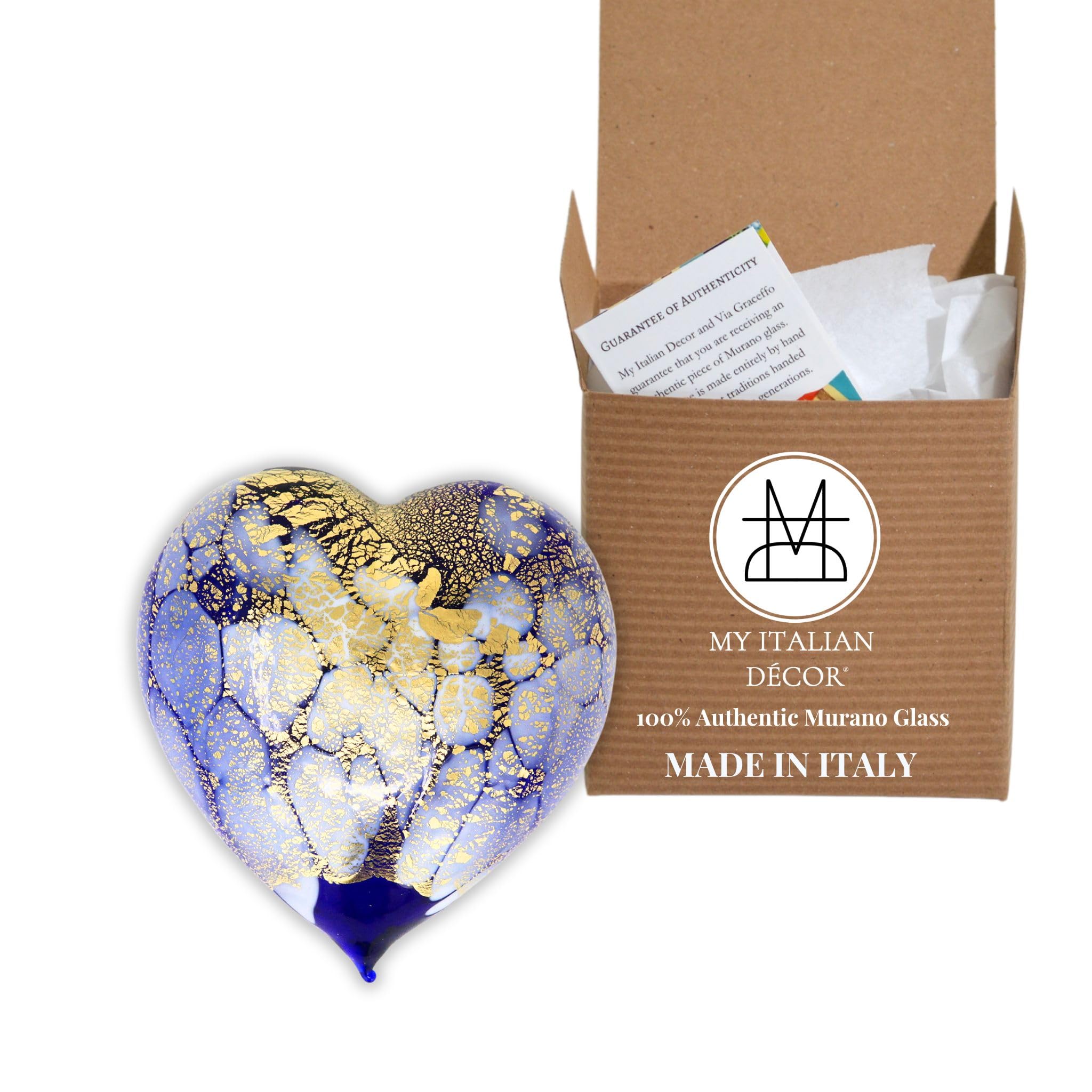 Murano Glass Hand Blown Hollow Heart Snowy Cobalt display
